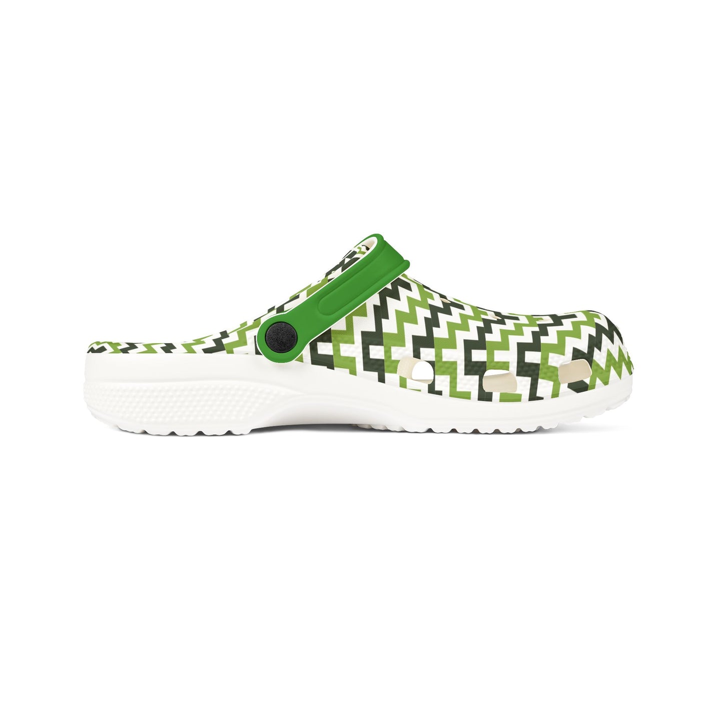 Zigzag clog sandal with green adjustable strap and white sole