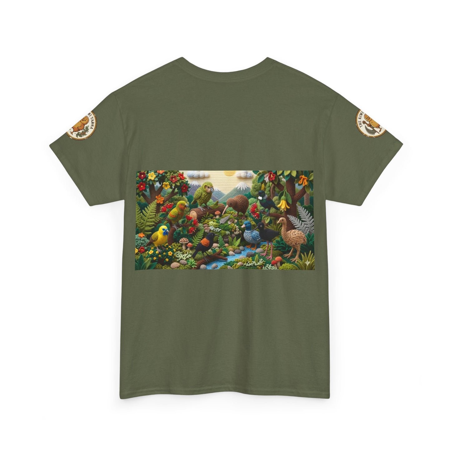 Olive green crewneck T-shirt with colorful bird-and-forest rectangular graphic and sleeve patches
