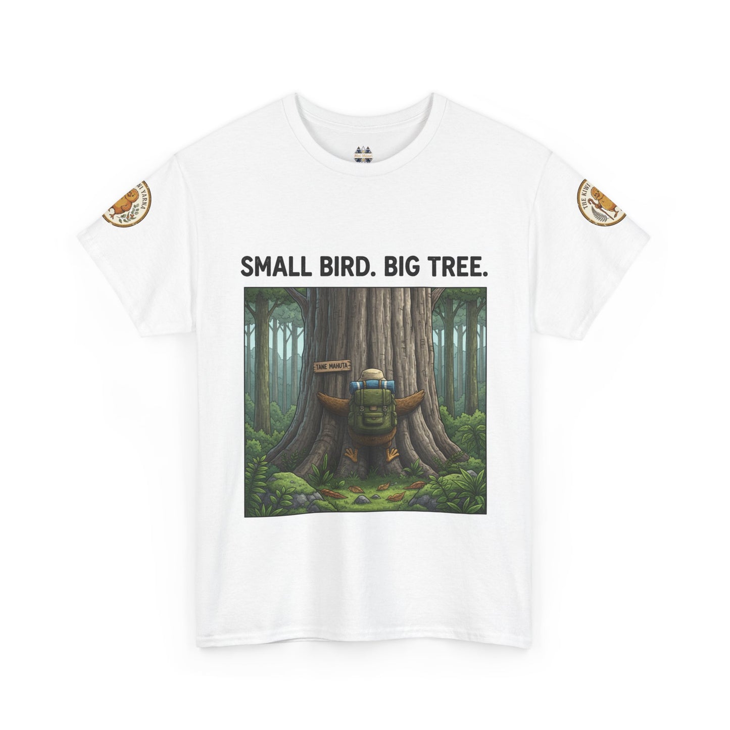 White graphic T-shirt with forest scene print, round neck, short sleeves