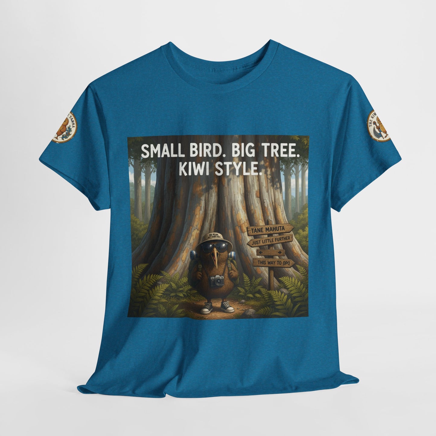 Teal graphic T-shirt front poster print with kiwi character in forest trees