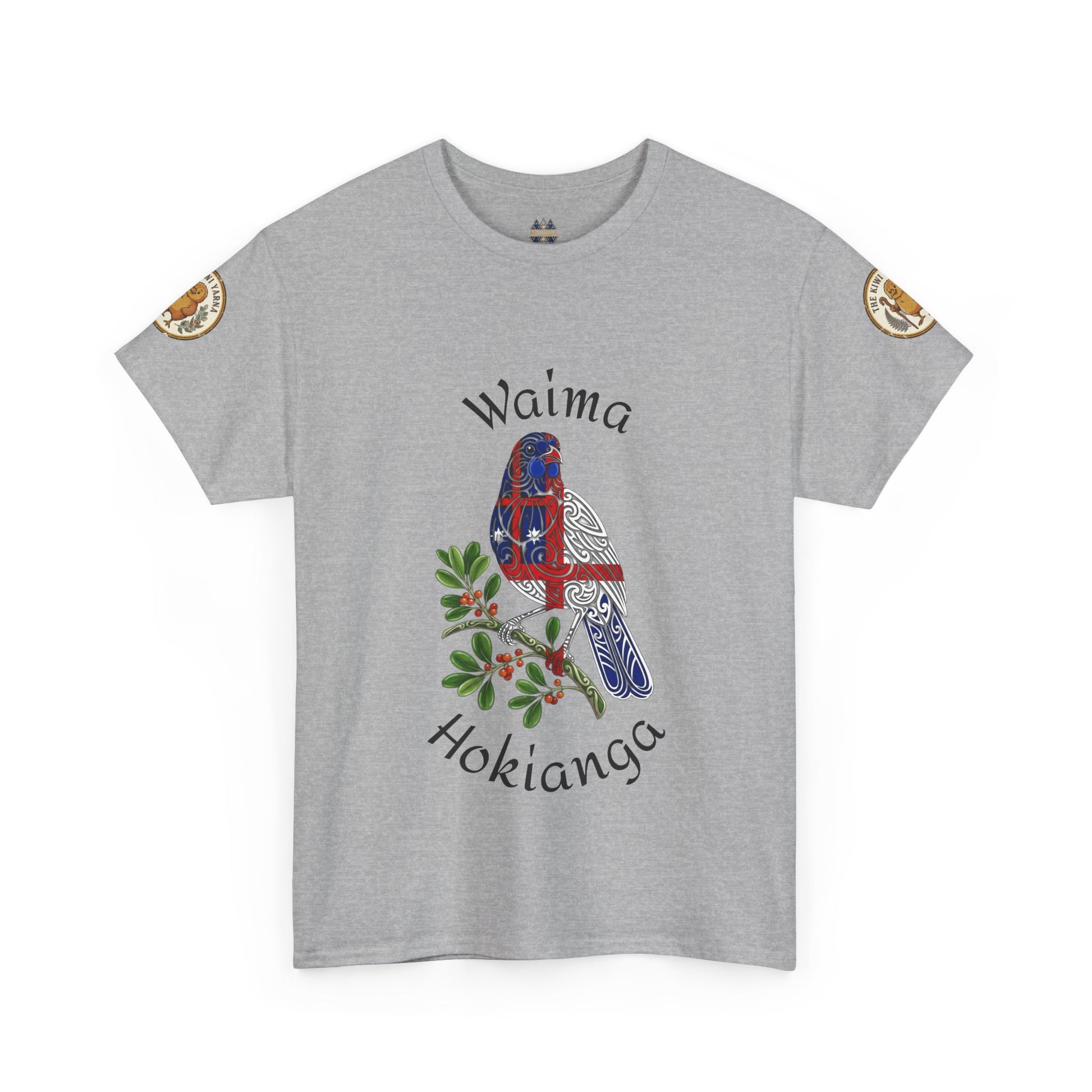 Gray graphic T-shirt with bird print and Waima Hokianga text