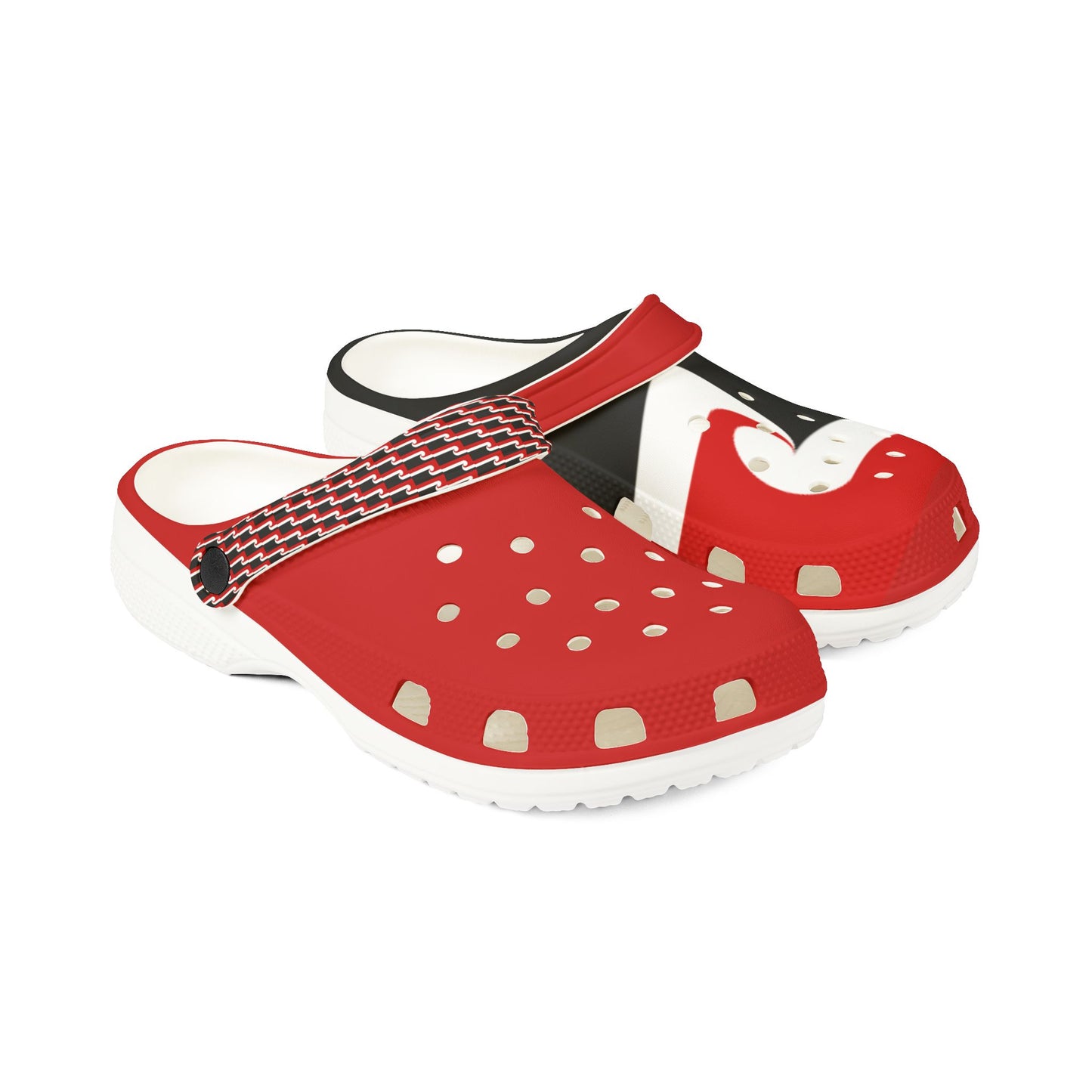 Tino slip-on clogs, red and black panels with white midsole, patterned top strap