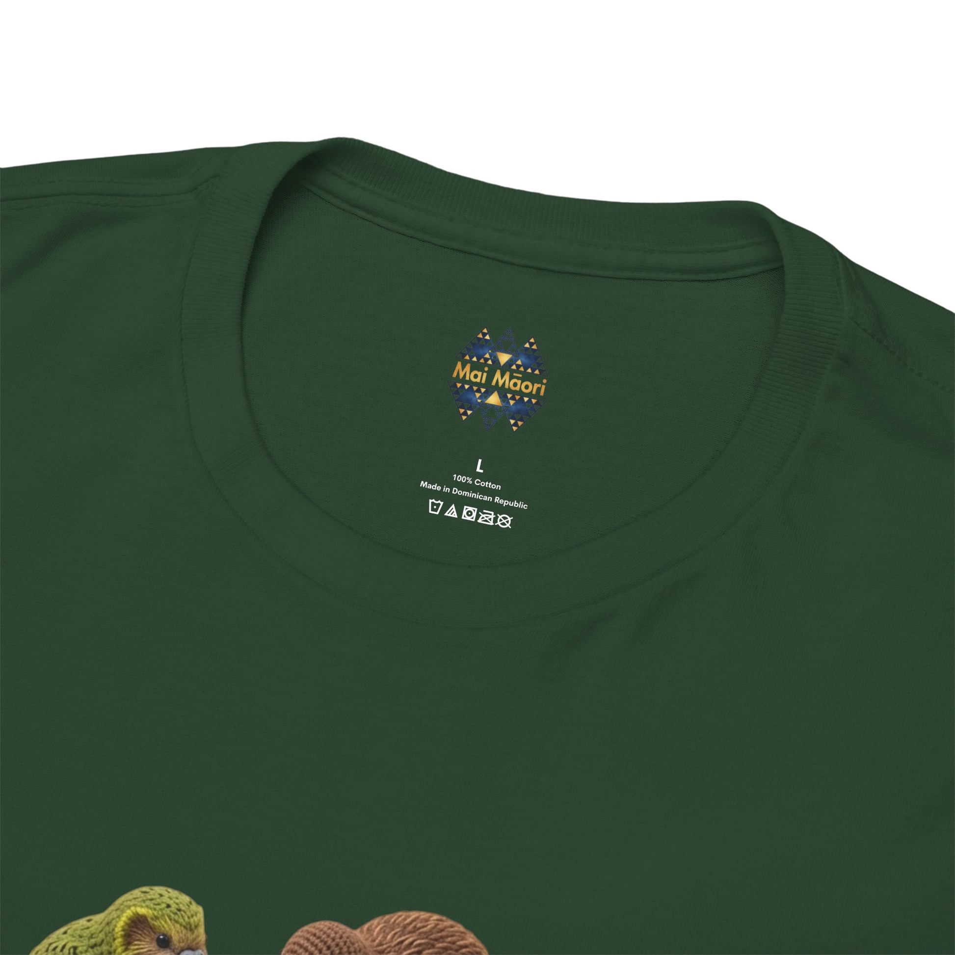 Dark green T-shirt neckline close-up with small chest logo and size markings