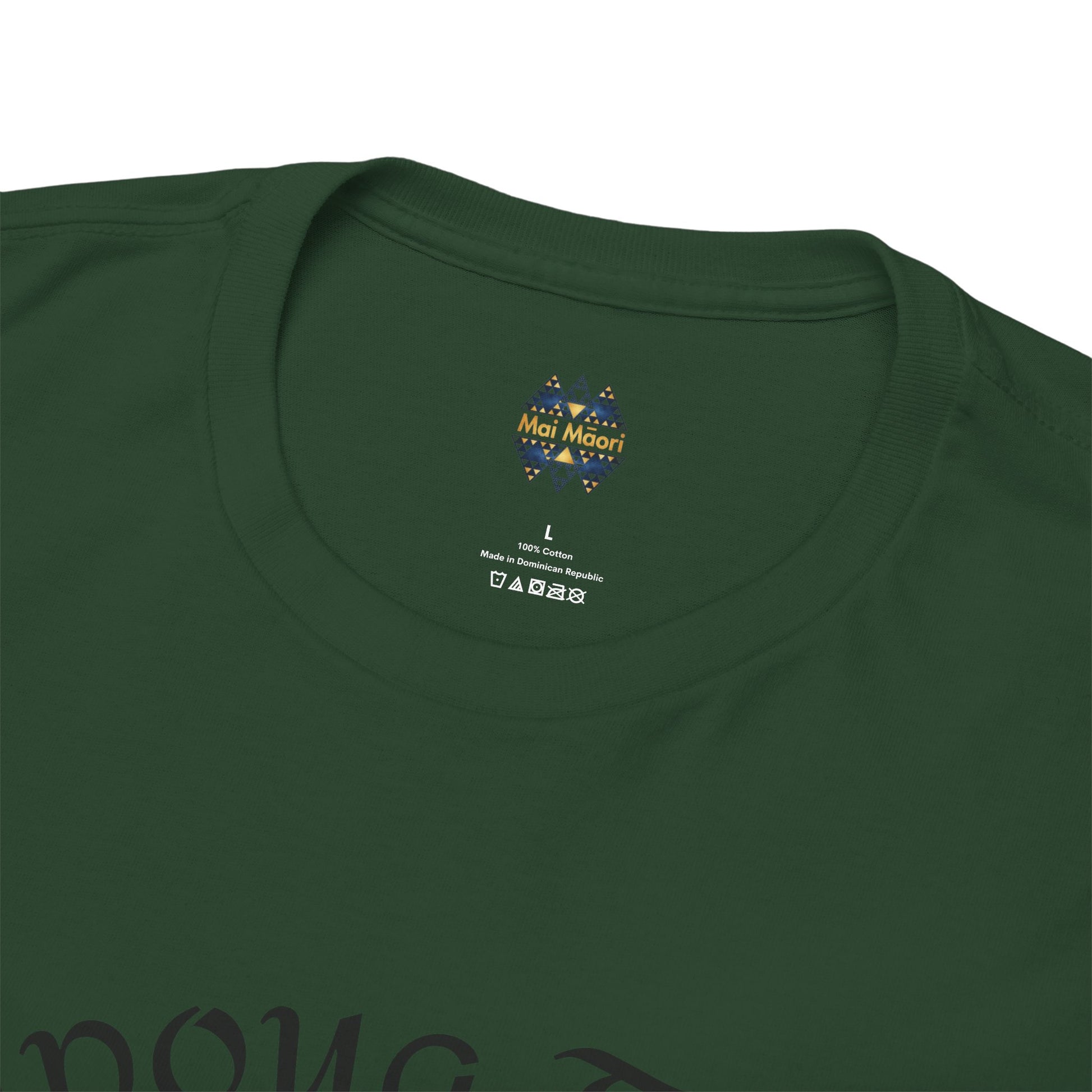 Forest green T-shirt with small multicolor chest logo on crew neckline