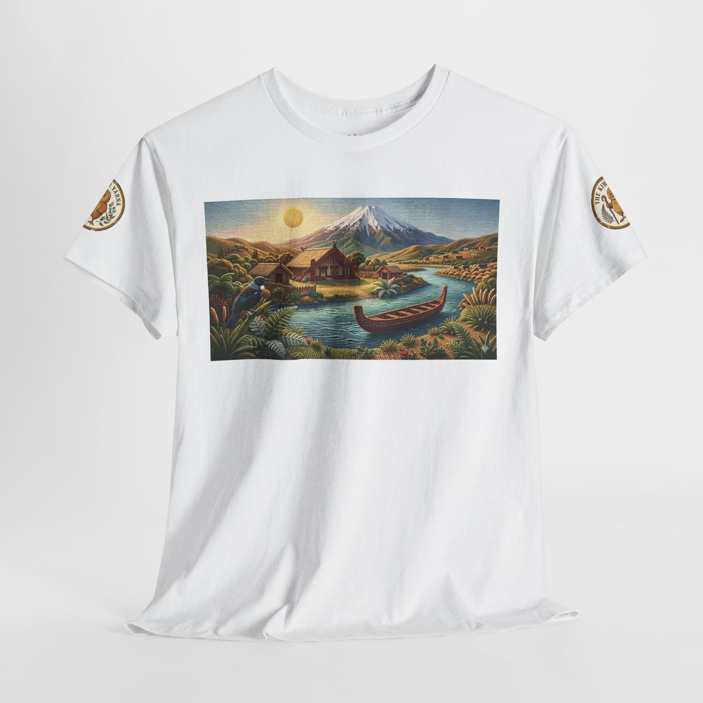 White crew-neck graphic T-shirt with rectangular landscape print and circular sleeve logos
