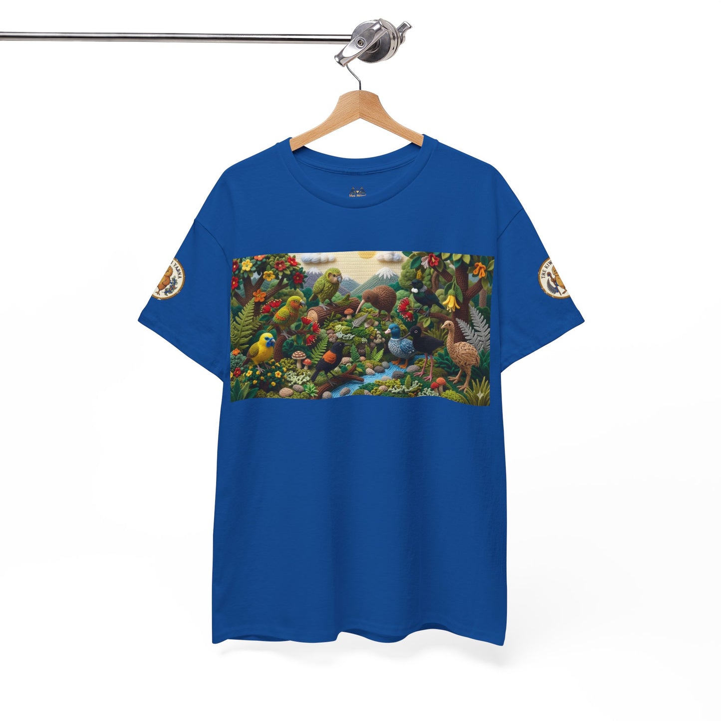 Blue graphic T-shirt on hanger with rectangular bird print and sleeve logo patch