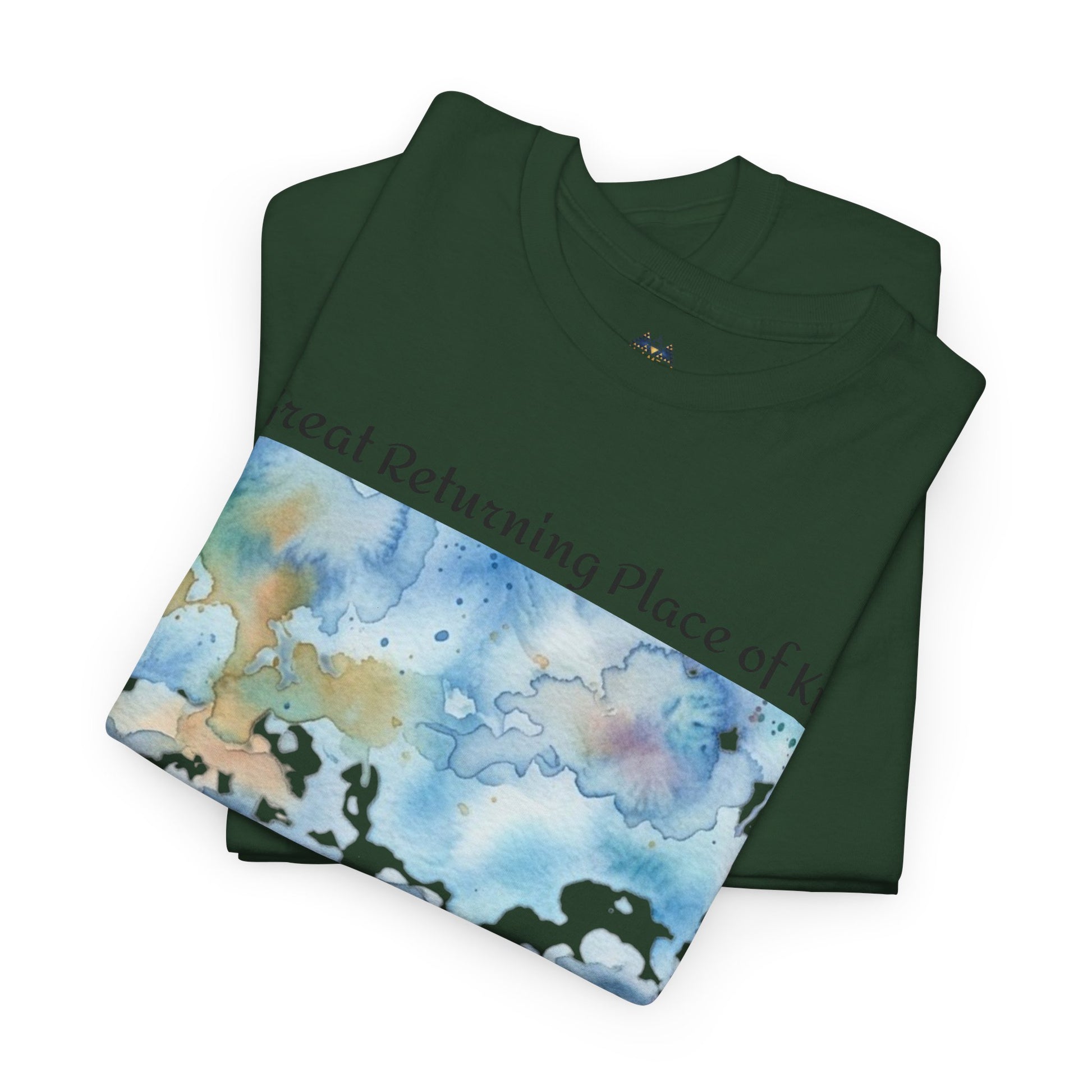 Hokianga Harbour graphic T-shirt in dark green with watercolor landscape print