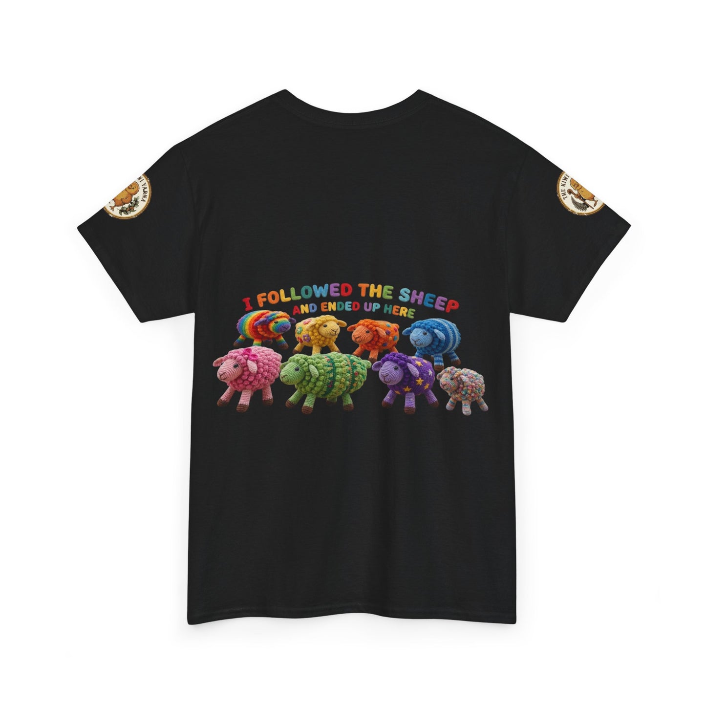 Black T-shirt with colorful sheep graphic, round neck, and gold sleeve patches