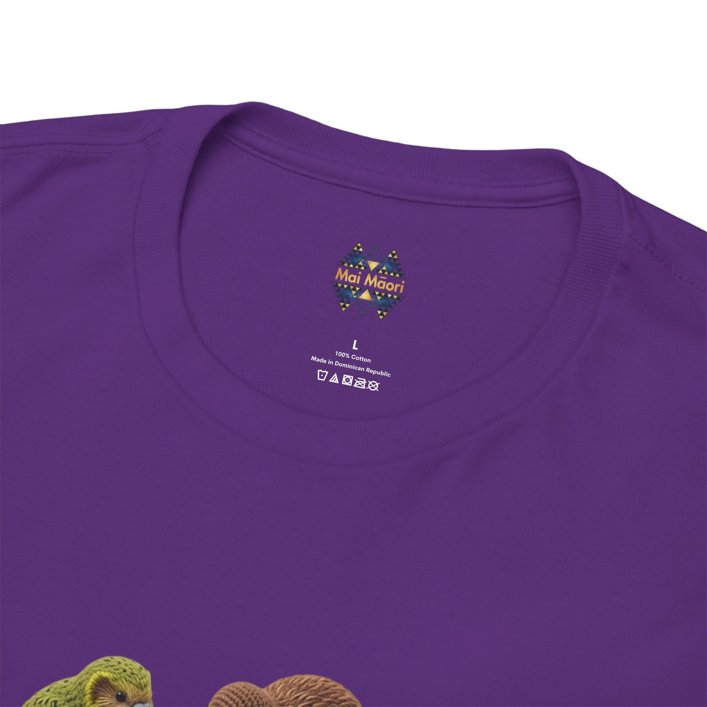 Purple T-shirt back neck with small circular brand logo