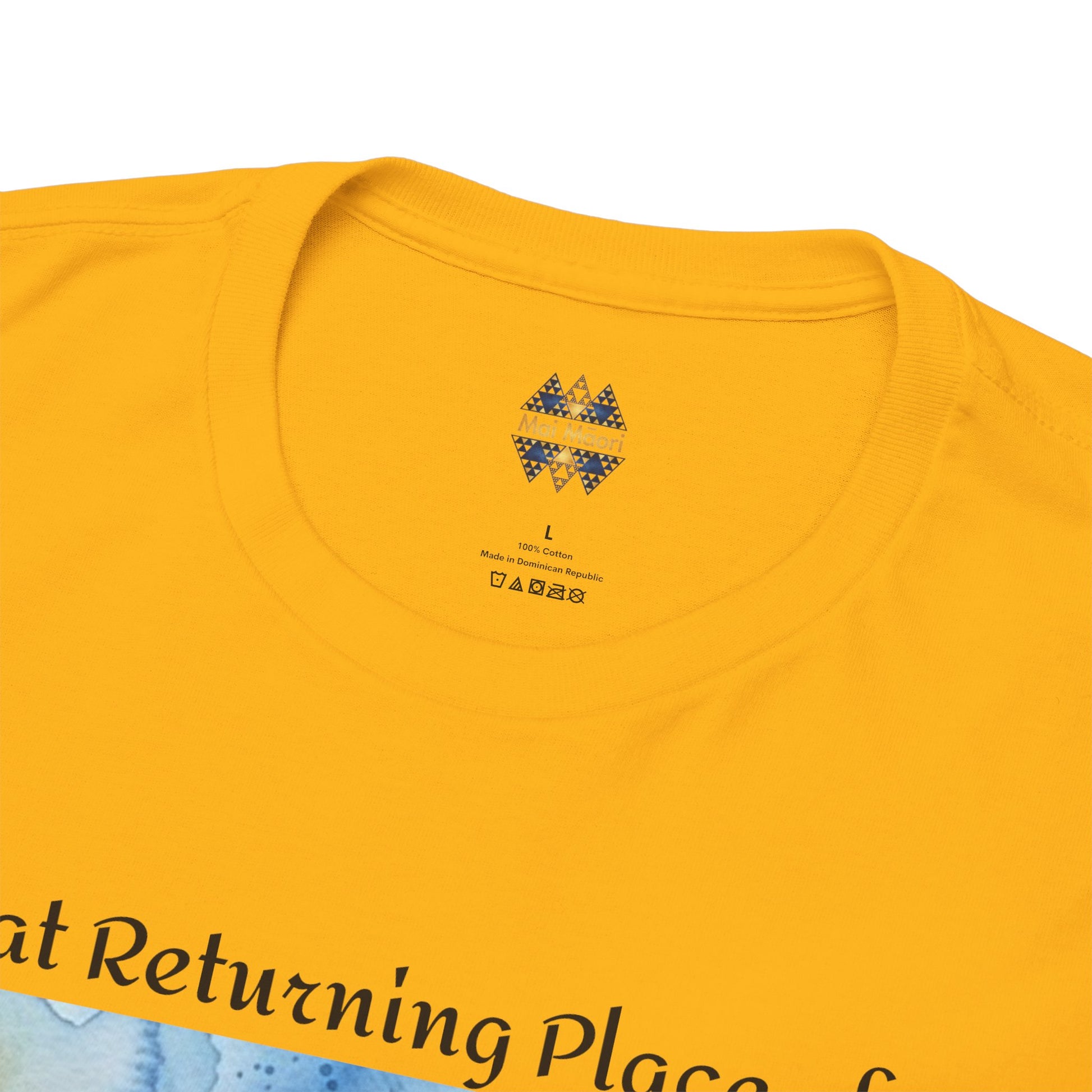 Yellow Hokianga Harbour T-shirt close-up of neckline logo and patterned chest graphic