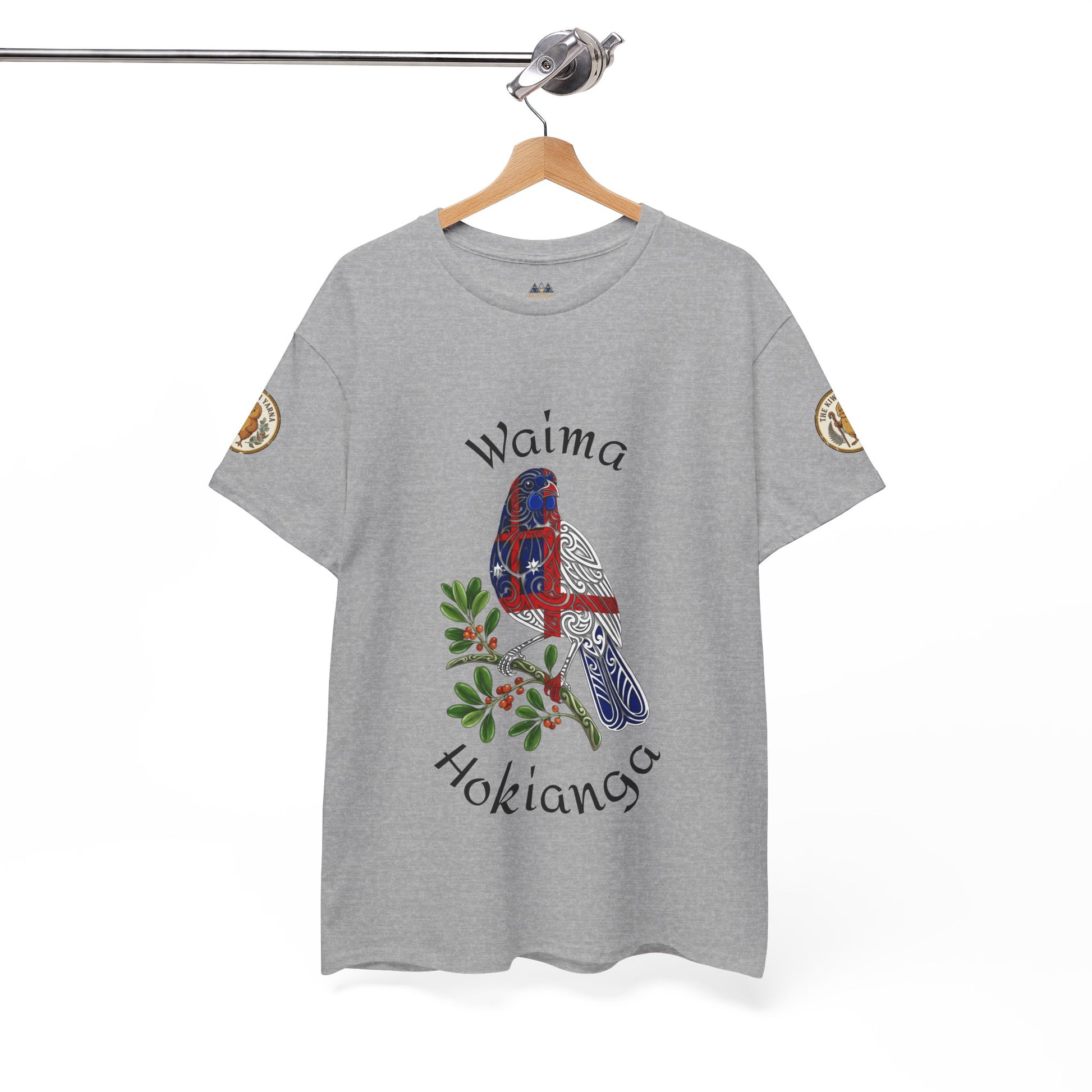 Light gray crewneck graphic T-shirt on a hanger with bird and text print