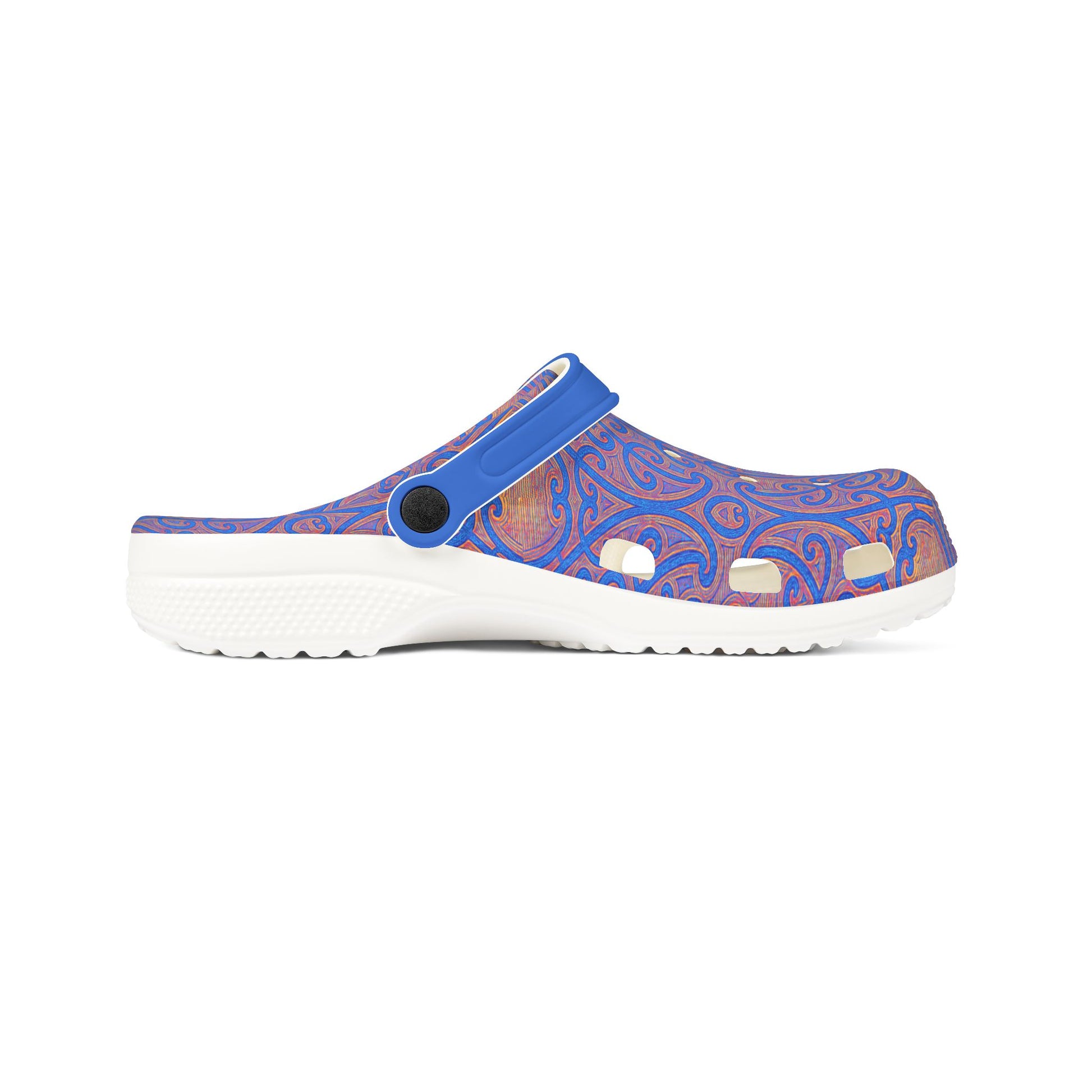 Māpouriki slip-on clog, side profile in blue with patterned upper and white outsole