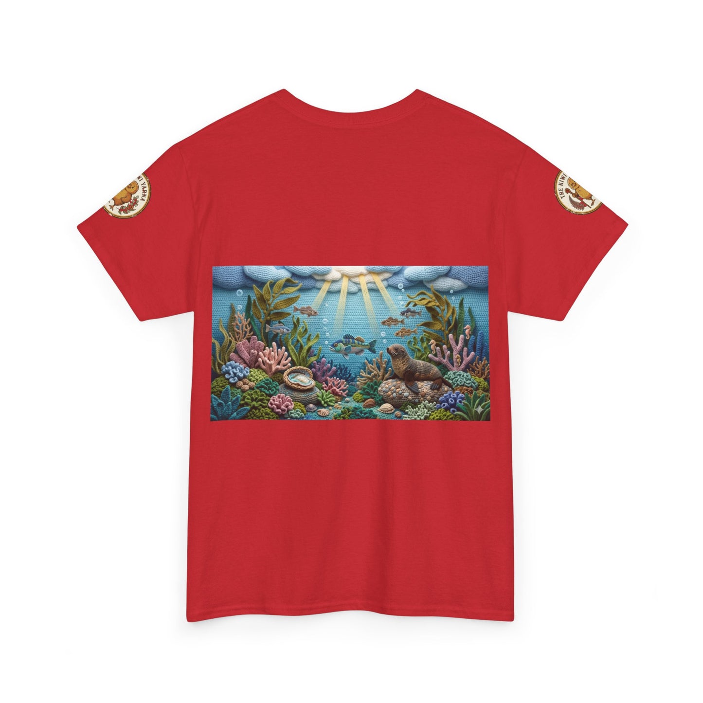 Red crewneck T-shirt with ocean scene graphic panel and small sleeve patches