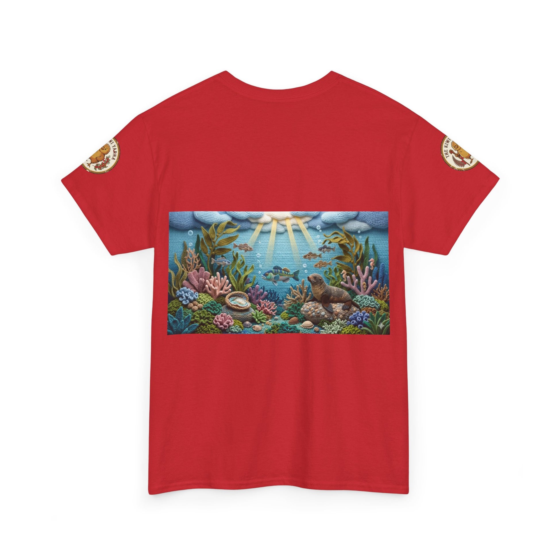 Red crewneck T-shirt with ocean scene graphic panel and small sleeve patches