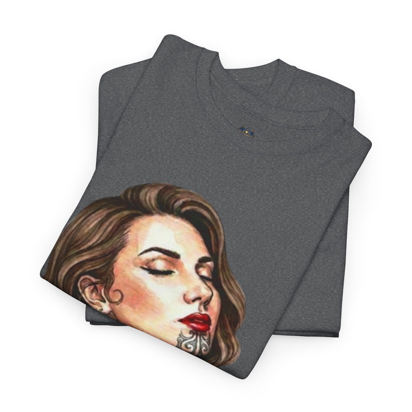 Heather gray T-shirt with close-up woman portrait graphic on the front