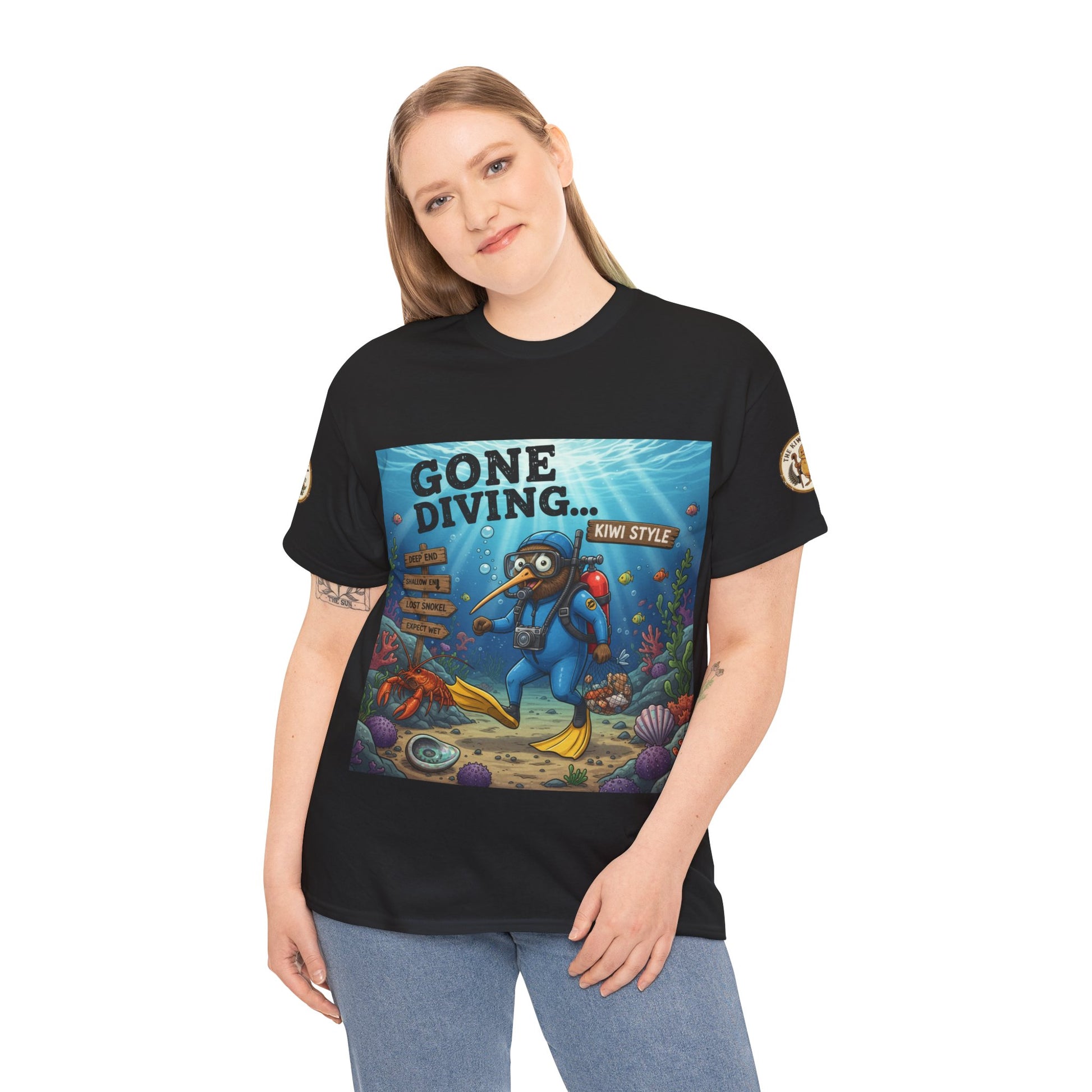 Black crew-neck T-shirt with underwater “Gone Diving…Kiwi Style” graphic front