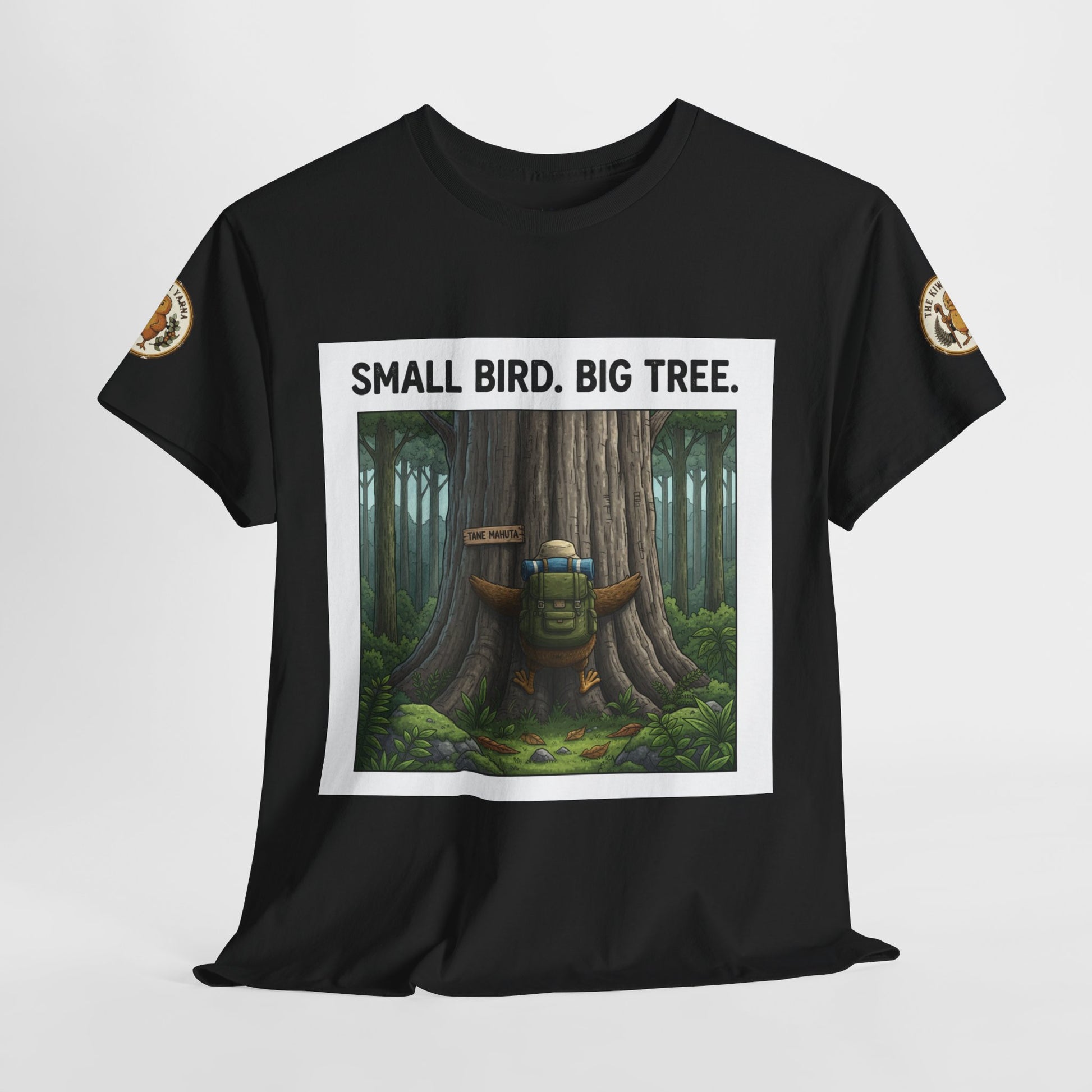 Black short-sleeve crew neck T-shirt with centered forest graphic and “SMALL BIRD. BIG TREE.”