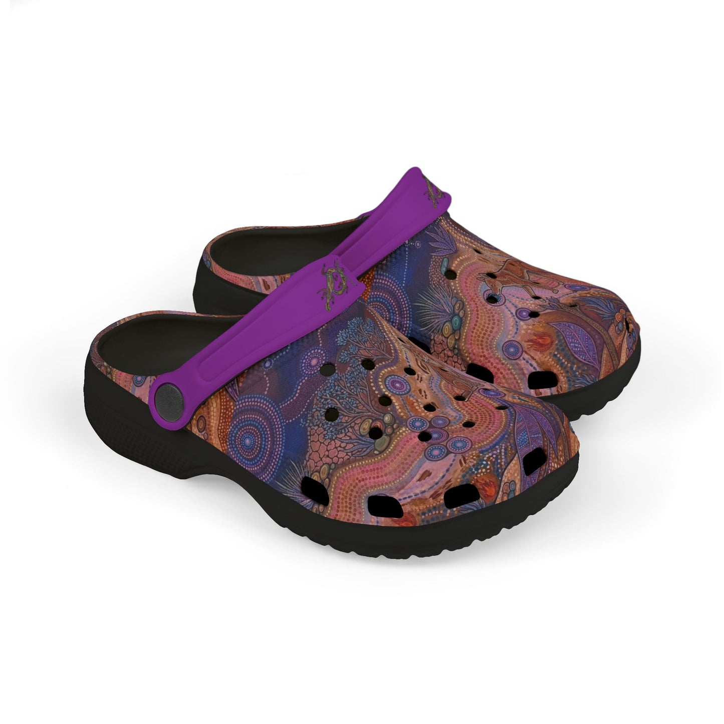 Pair of patterned slip-on clog shoes with purple strap and dark tread sole