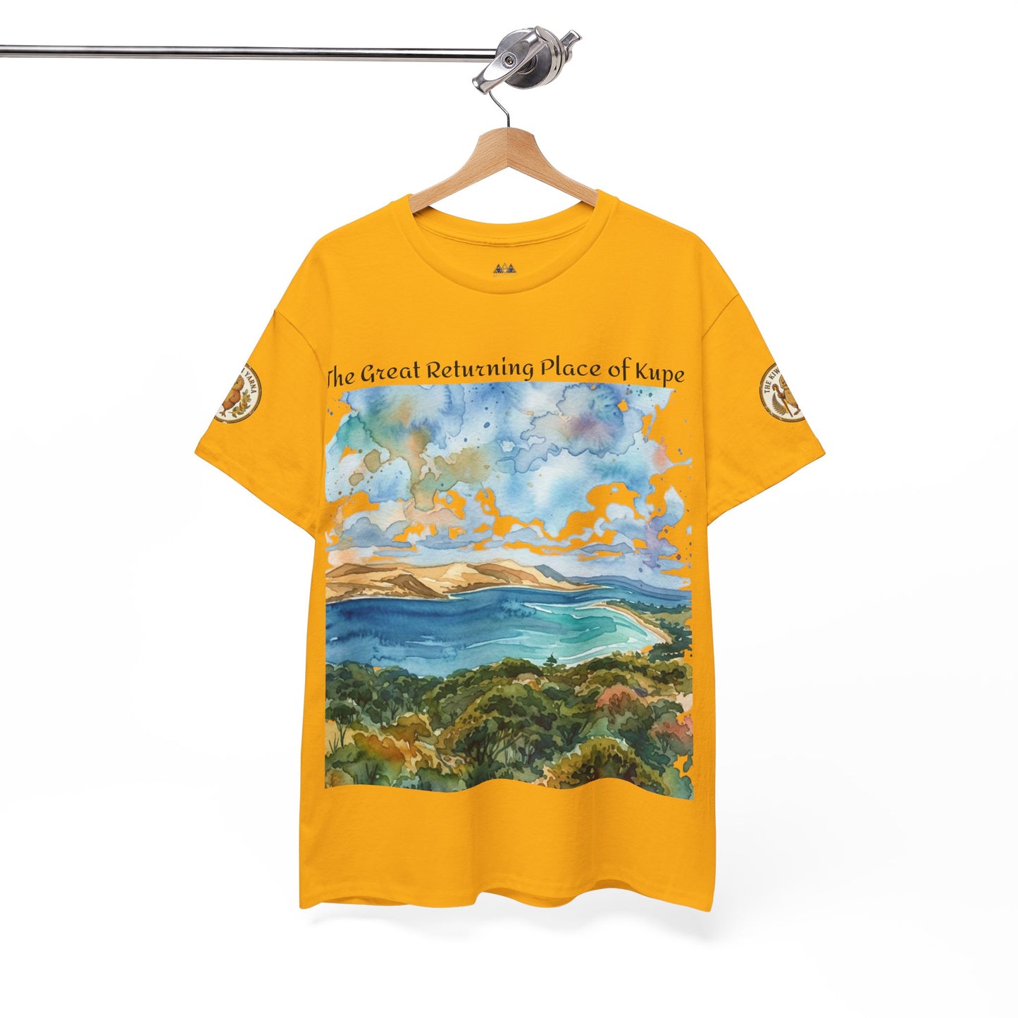 Yellow Hokianga Harbour graphic T-shirt hanging display, front landscape print