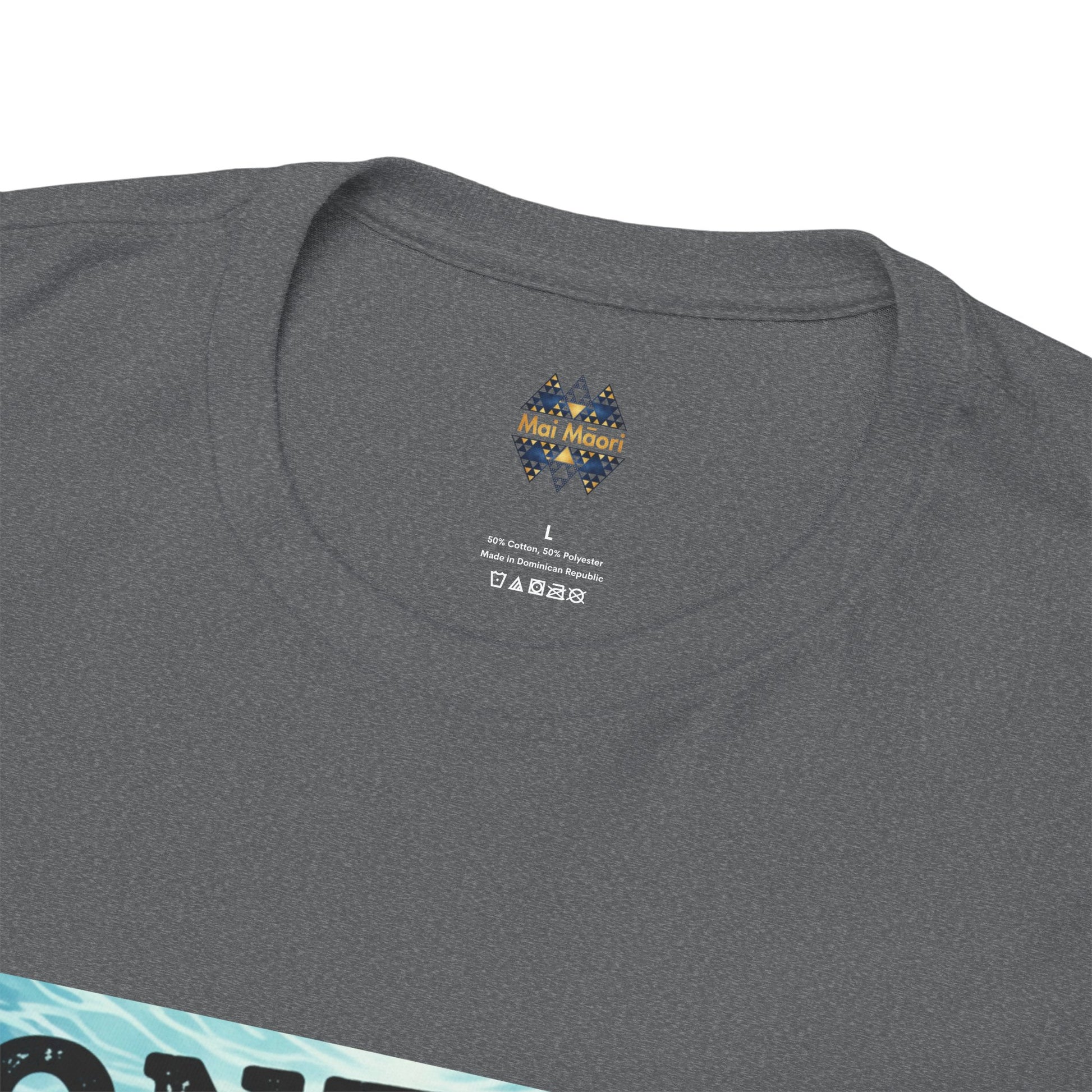 Heather gray T-shirt back neck shows small multicolor brand logo