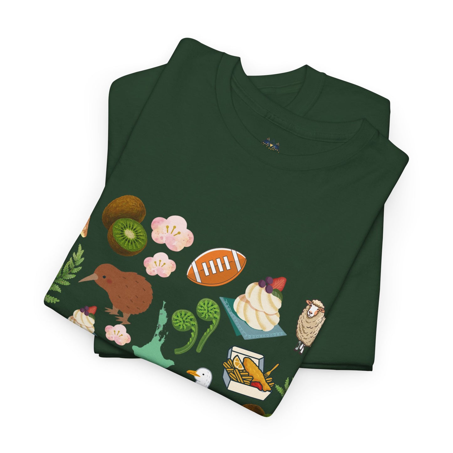 Dark green crew-neck short-sleeve T-shirt with colorful collage graphic on the front hem