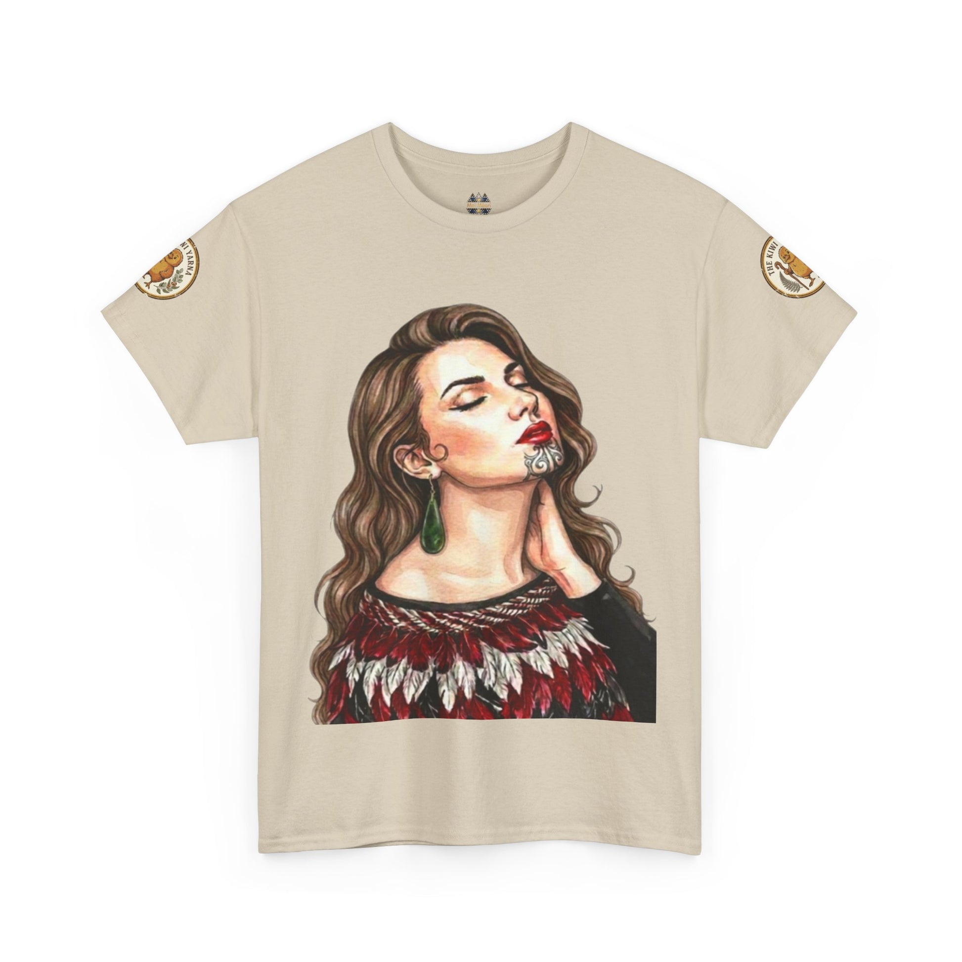 Beige T-shirt with portrait graphic and gold sleeve patch details.