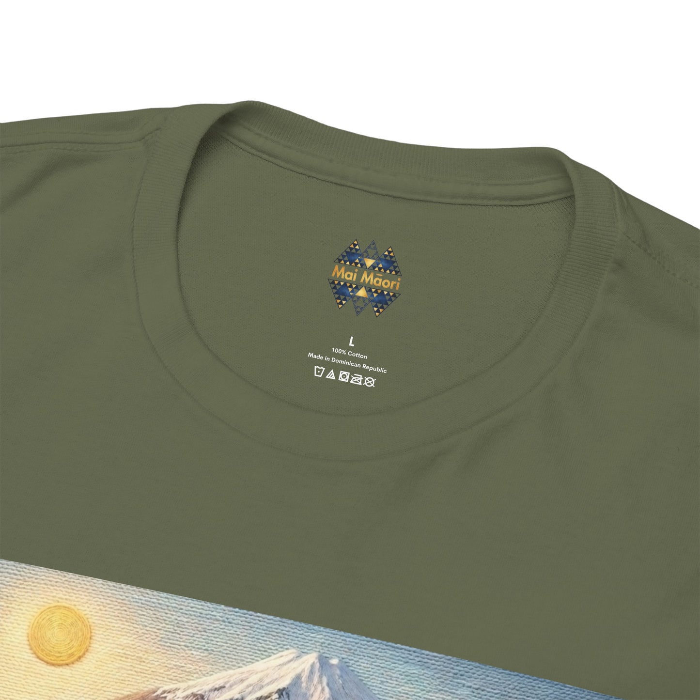 Olive green T-shirt close-up showing crew neck and small chest logo