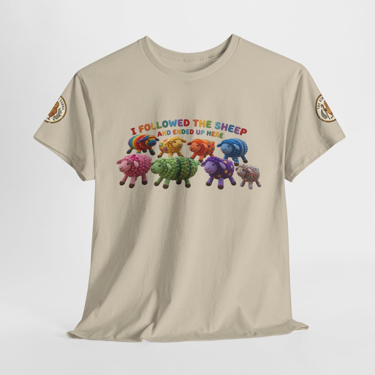 Natural short-sleeve T-shirt with colorful sheep herd graphic at chest