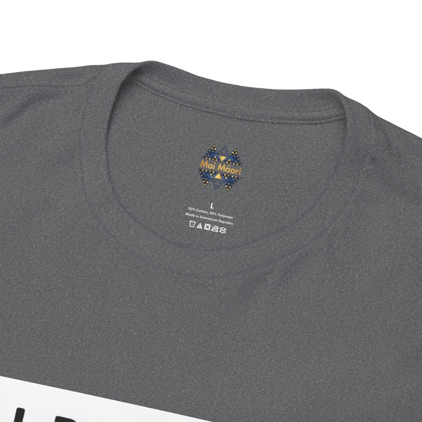 Gray heather T-shirt back shows small multicolor logo at neckline