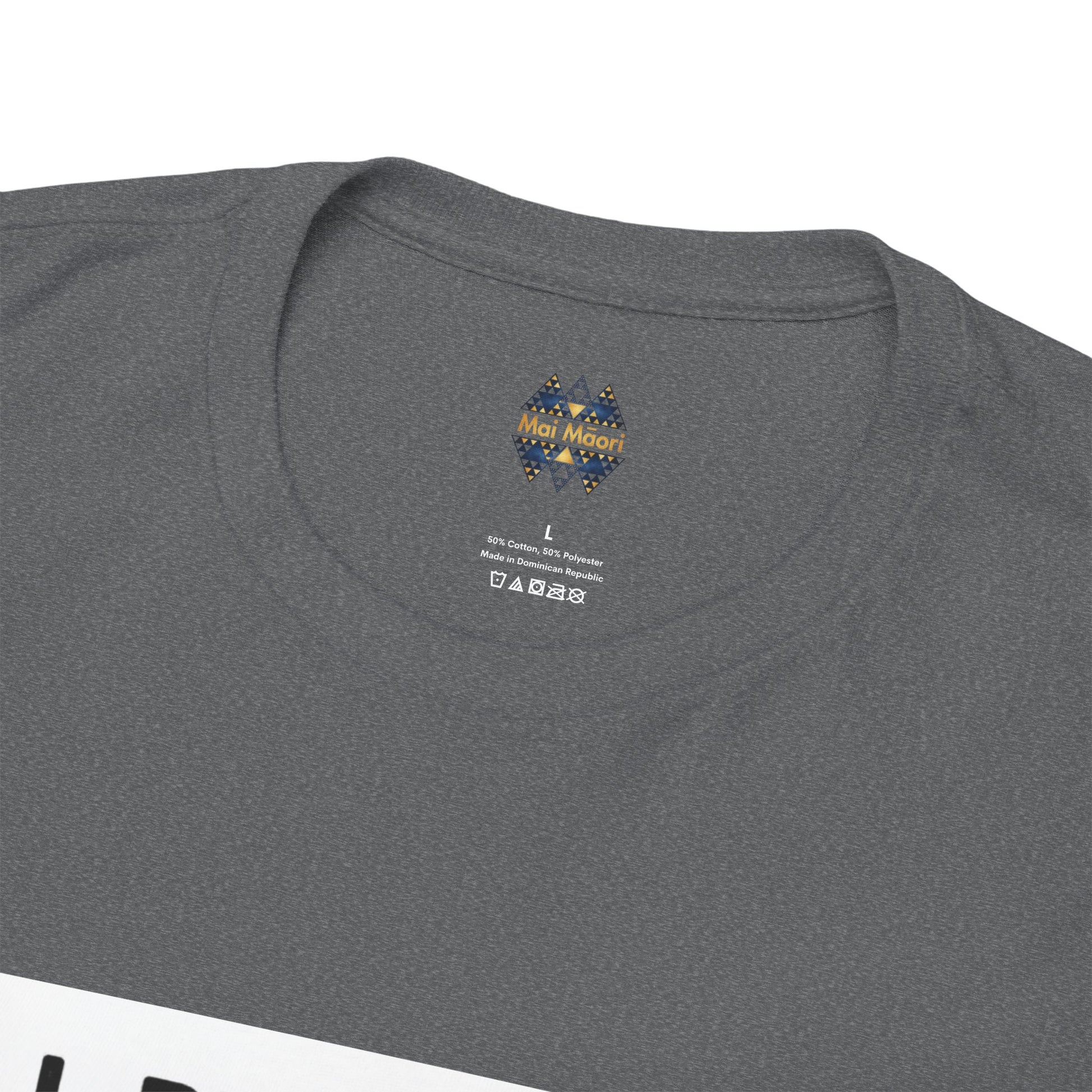 Gray heather T-shirt back shows small multicolor logo at neckline