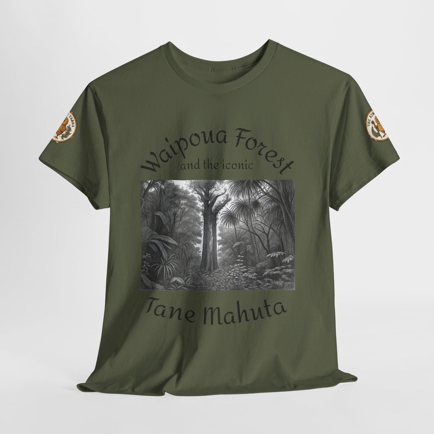 Olive graphic T-shirt with centered black-and-white forest photo, Waipoua Forest and Tane Mahuta