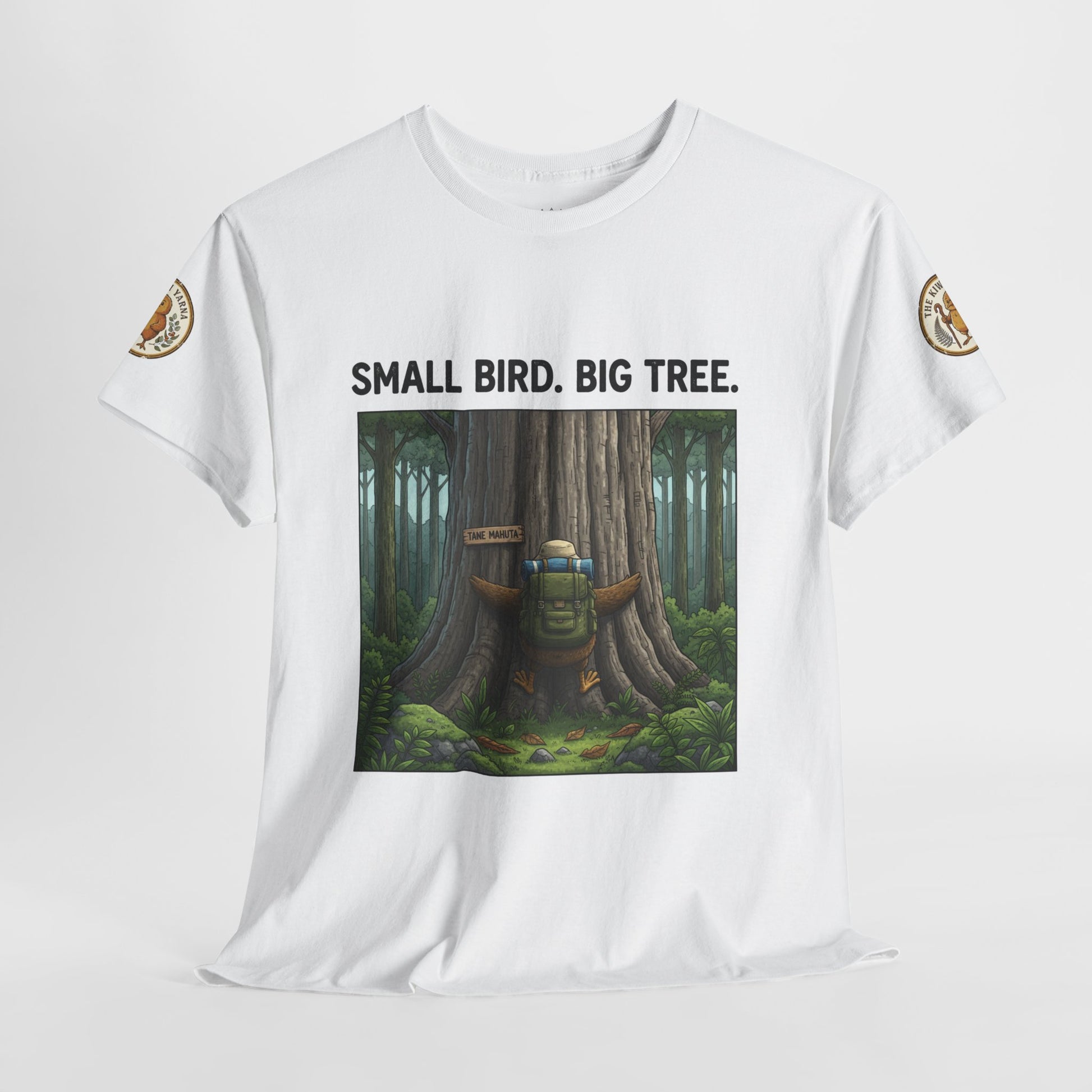 White short-sleeve crew neck T-shirt with “SMALL BIRD. BIG TREE.” front print