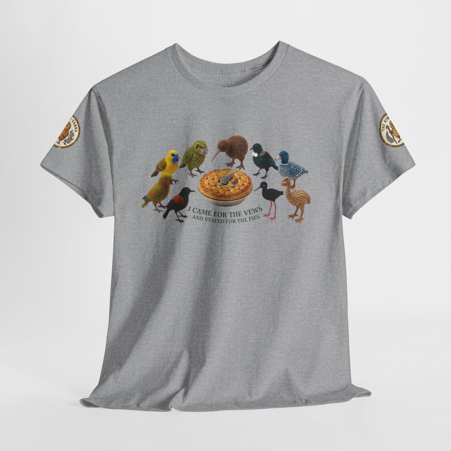 Heather gray graphic T-shirt with birds-and-pizza front print and sleeve emblem patches