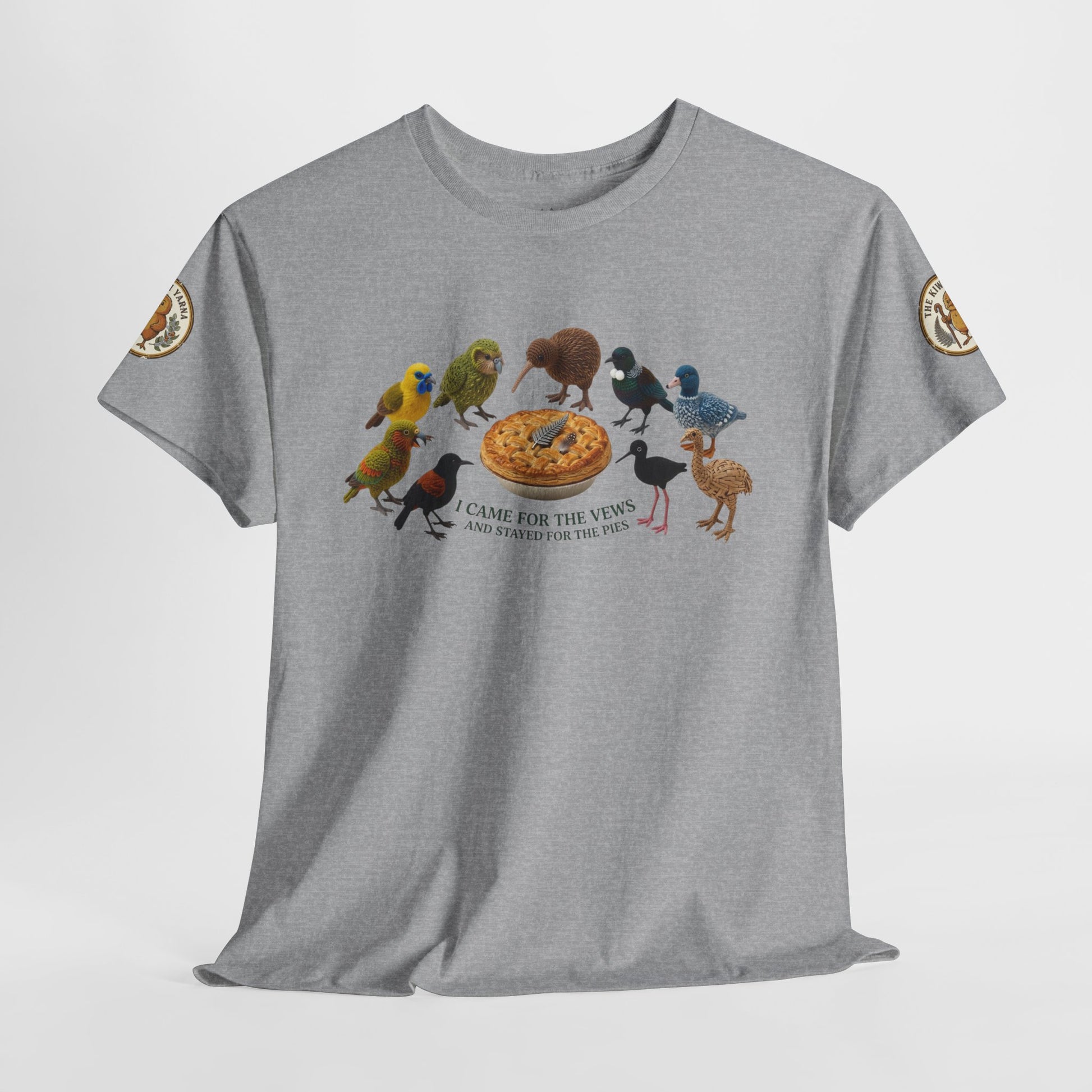 Heather gray graphic T-shirt with birds-and-pizza front print and sleeve emblem patches