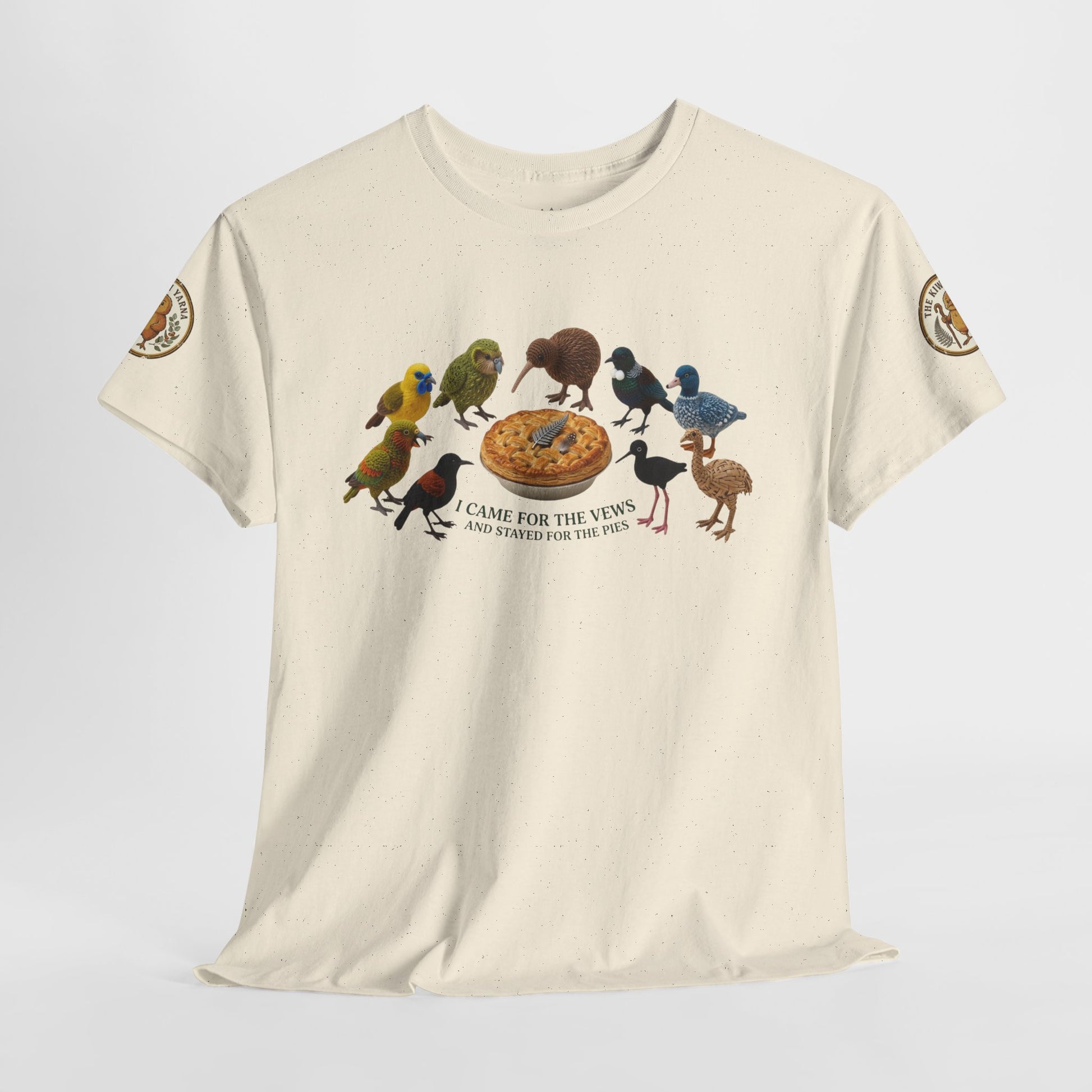 Cream short-sleeve T-shirt with birds and pizza graphic centered on chest