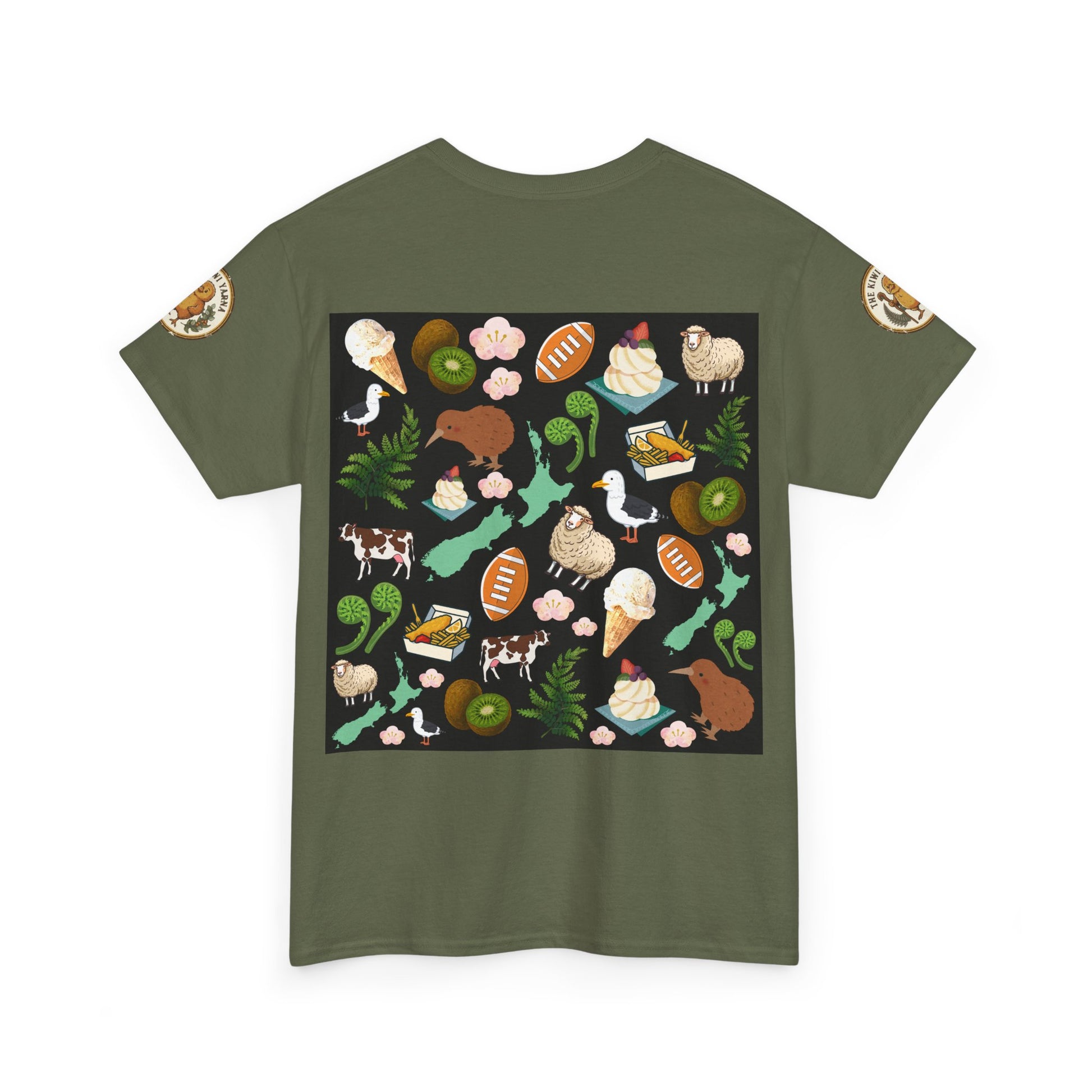 Dark green crewneck T-shirt with colorful Kiwiana-themed graphic across front