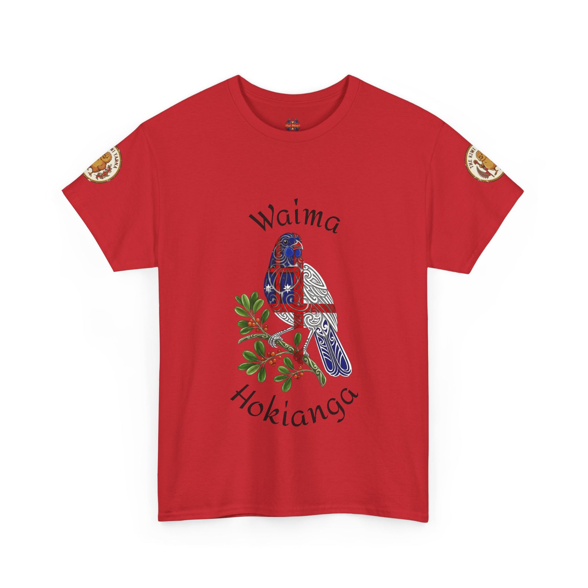 Red T-shirt with bird graphic and script print, crew neck, short sleeves.