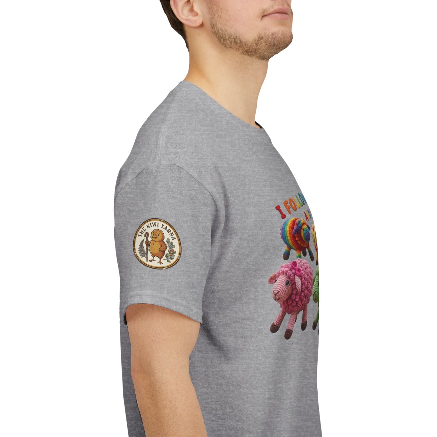 Gray heather T-shirt on model with sleeve circular logo and sheep print on arm