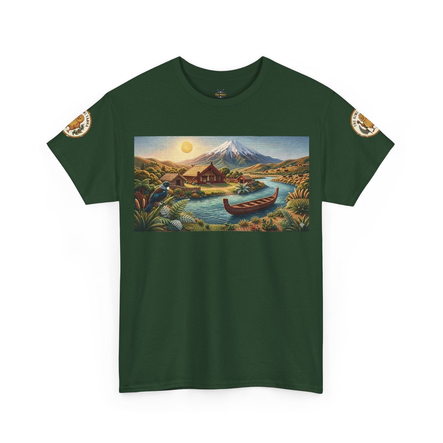 Dark green graphic T-shirt with landscape print and canoe; circular sleeve patches.