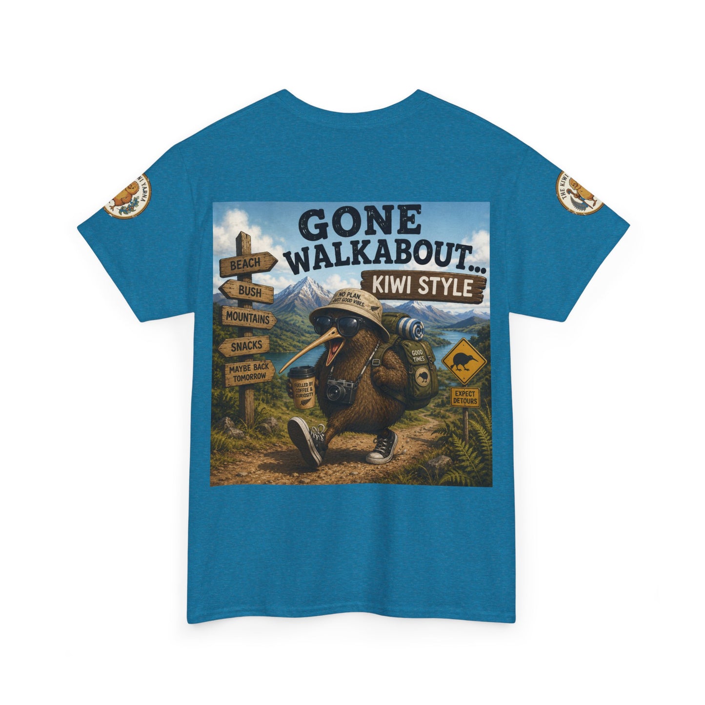 Blue short-sleeve crewneck T-shirt with large kiwi-style adventure front graphic.