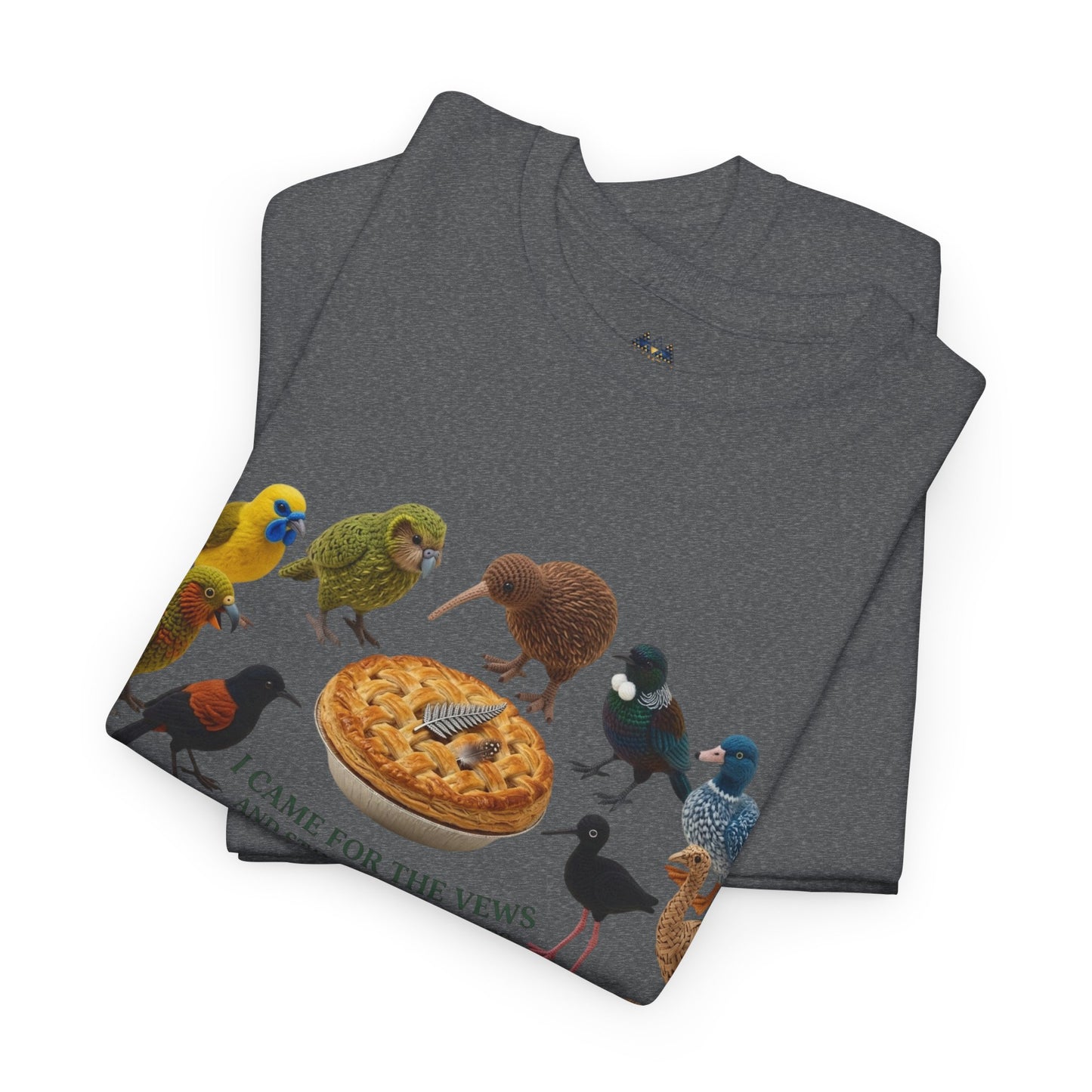 Two heather gray T-shirts stacked, showing pizza and colorful birds graphic