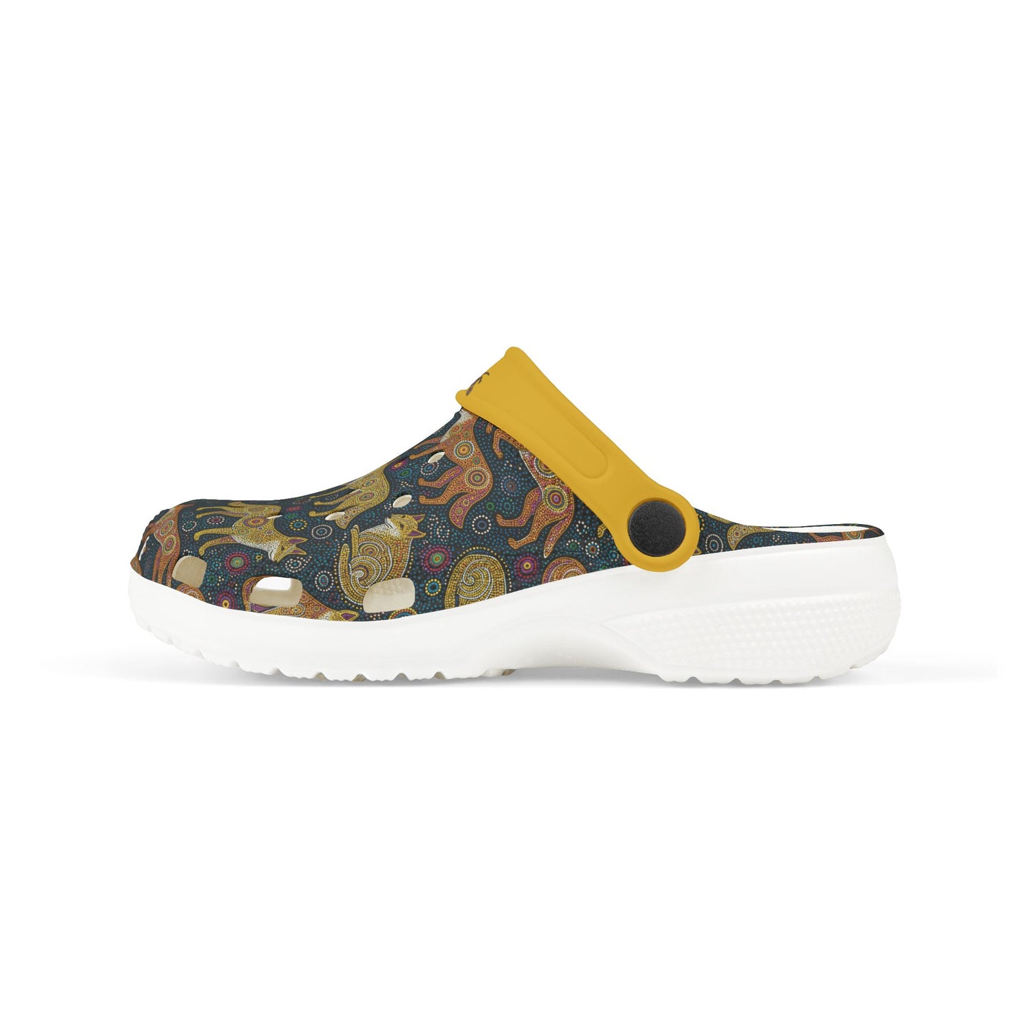 Aboriginal art casual clog shoe, dark patterned upper with yellow strap, white platform sole