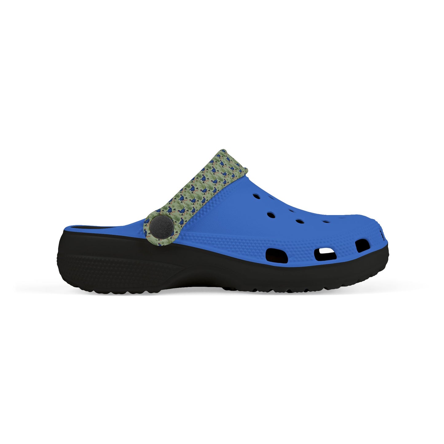 Kids slip-on clogs, blue upper with patterned band and dark tread sole.