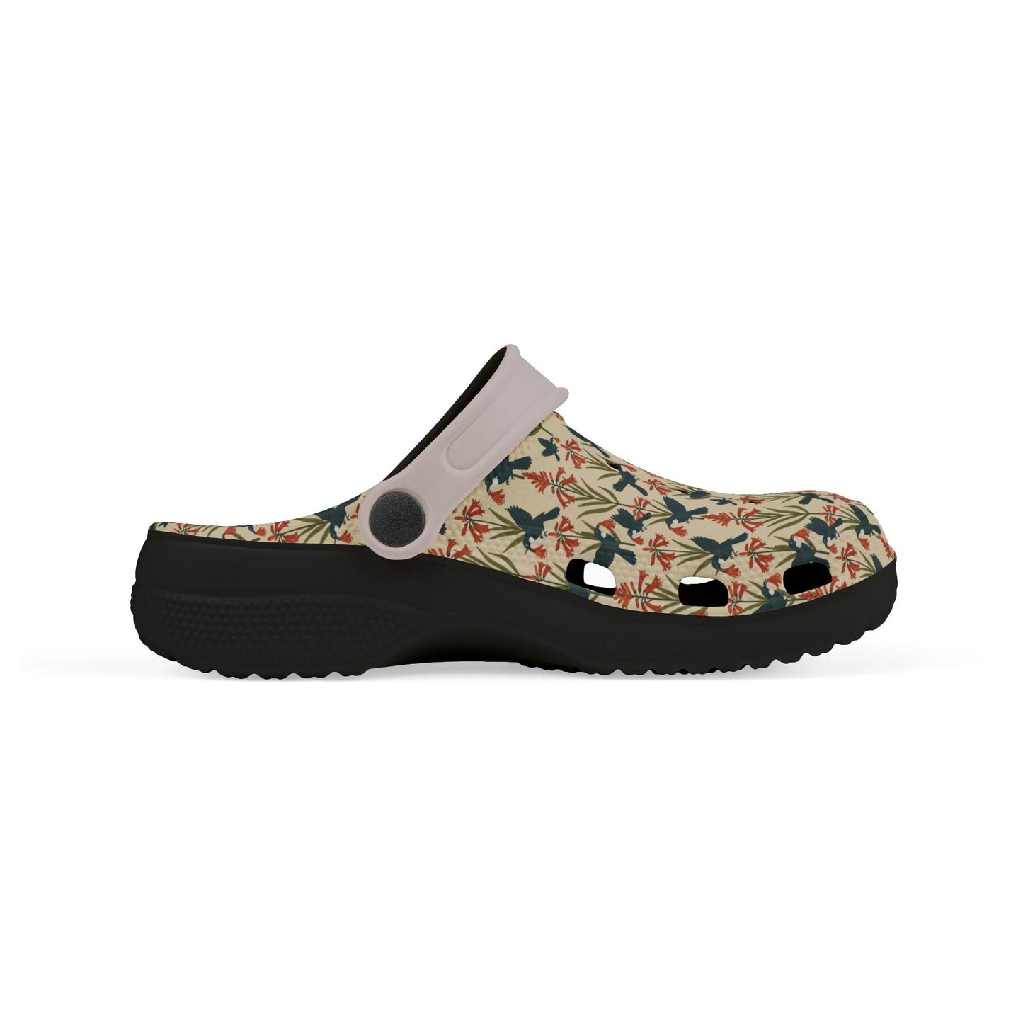Kids slip-on clog shoes with floral print and perforated vents, light collar, black outsole.