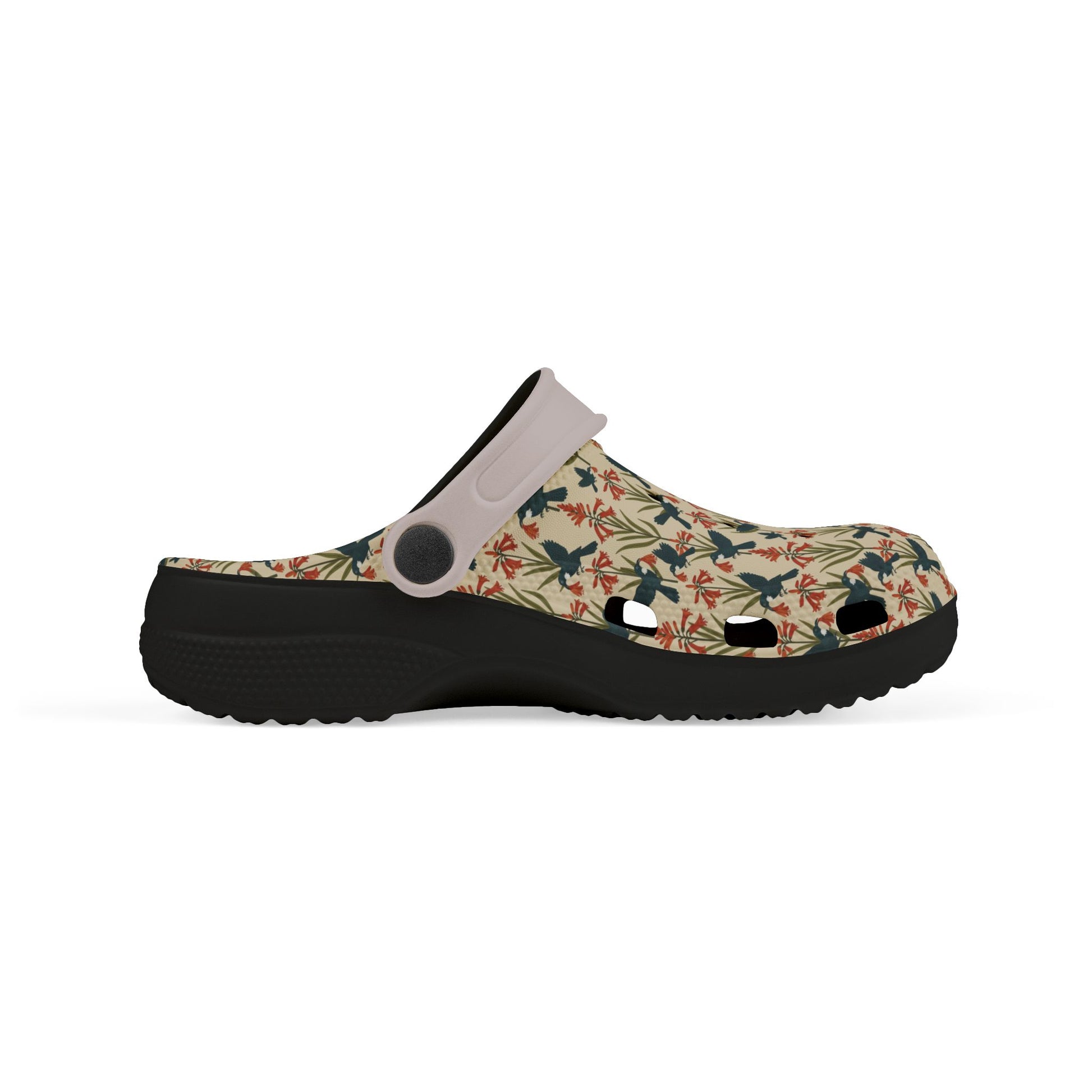 Kids slip-on clog shoes with floral print and perforated vents, light collar, black outsole.
