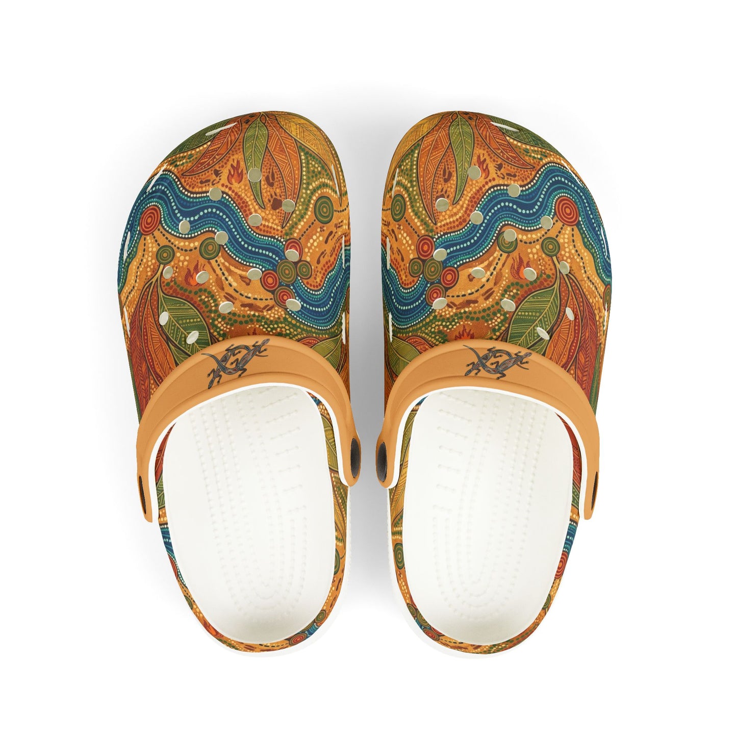 Casual slip-on clogs with tan strap, colorful Aboriginal art uppers and white inner sole.
