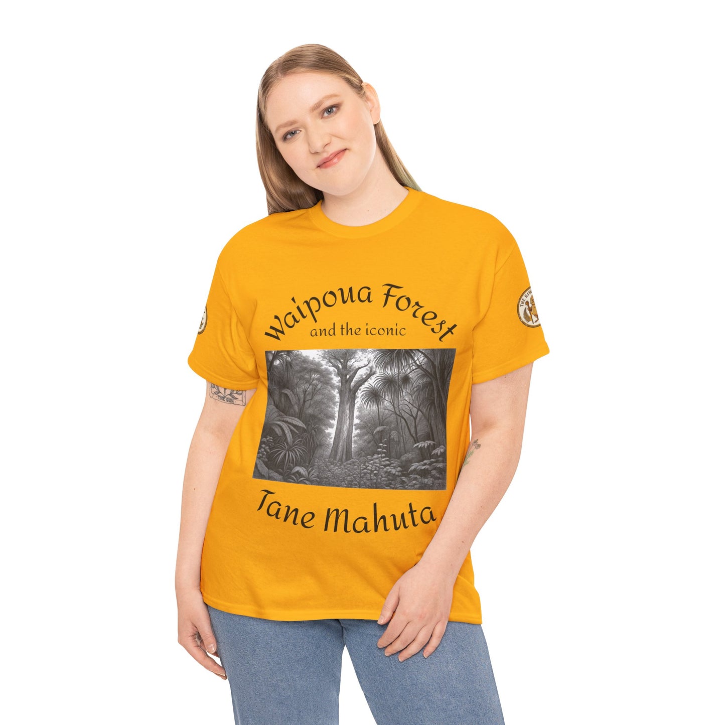 Mustard yellow T-shirt worn by model, Waipoua Forest forest graphic and Tane Mahuta