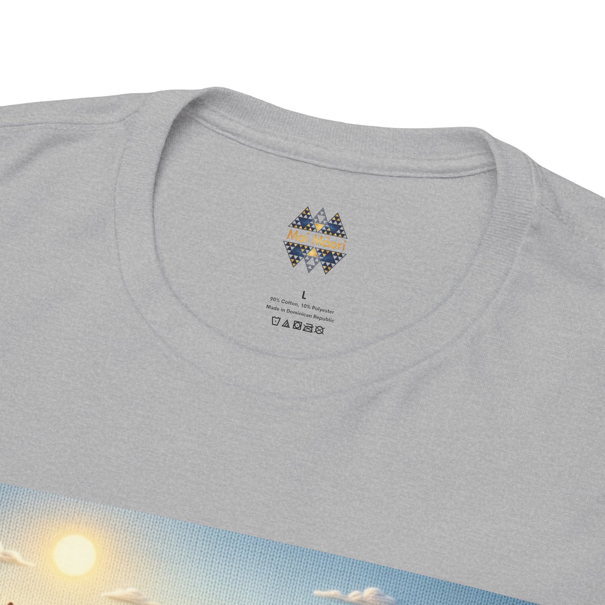 Heather gray T-shirt neckline with small multicolor emblem logo on chest.
