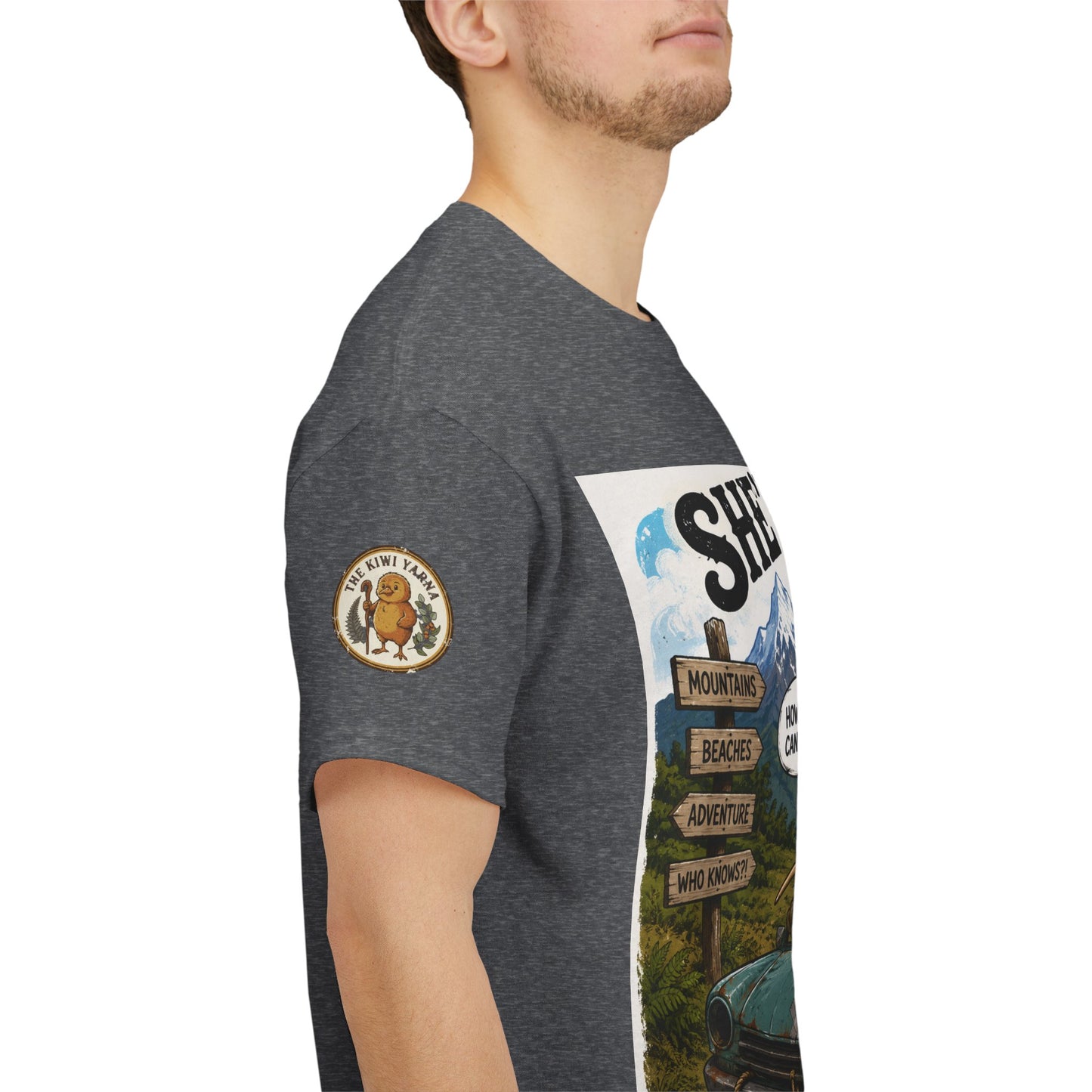 Dark gray heather T-shirt with sleeve emblem and side view of front vehicle graphic