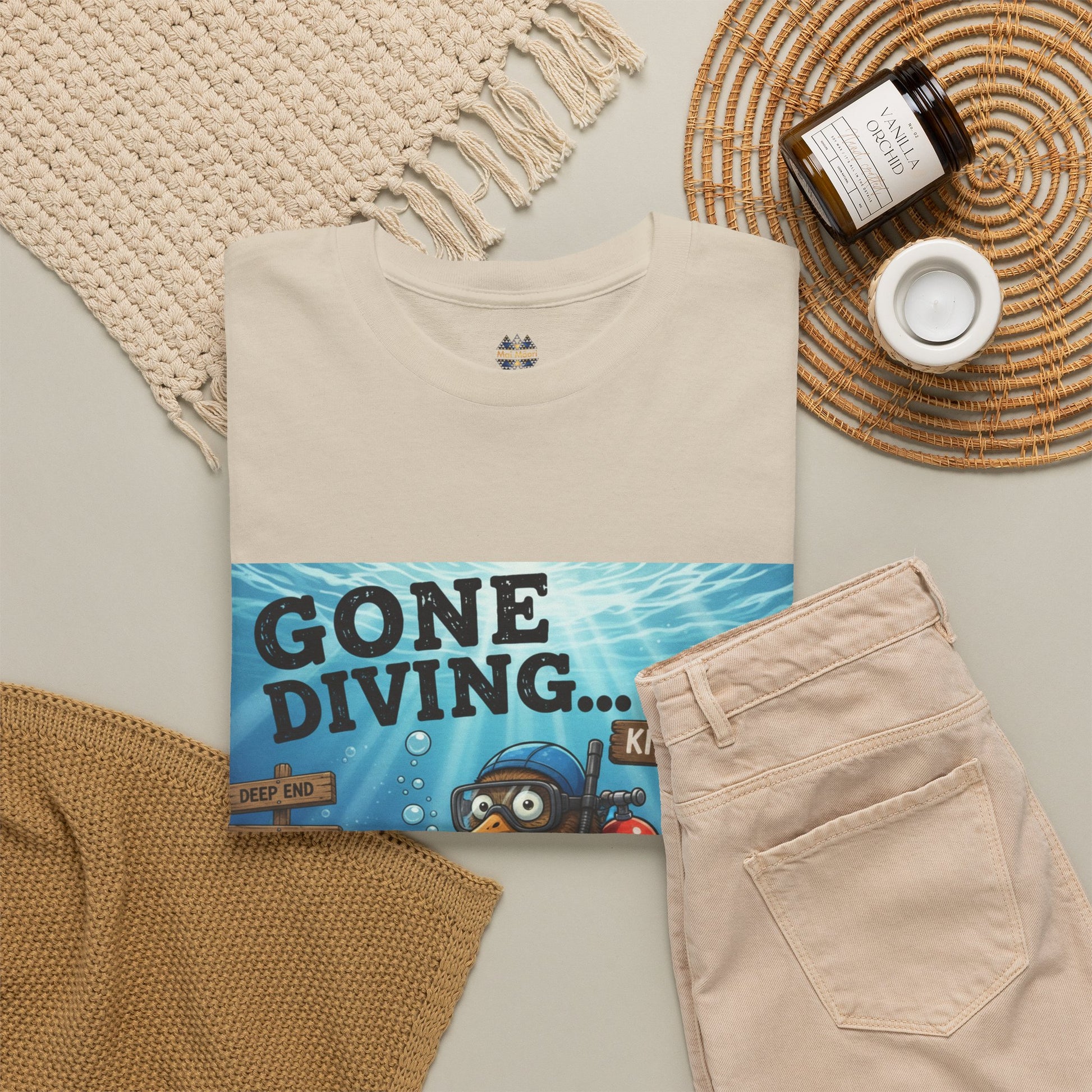 Cream crew-neck T-shirt with “Gone Diving…” underwater graphic and small chest logo